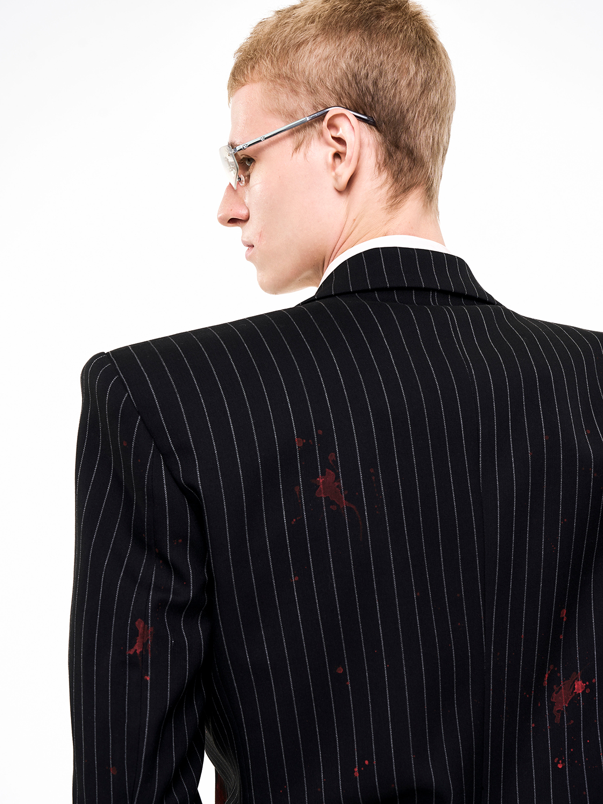 BLACK PINSTRIPE CRIMSON-SPLATTER SUIT-START EXCEED END