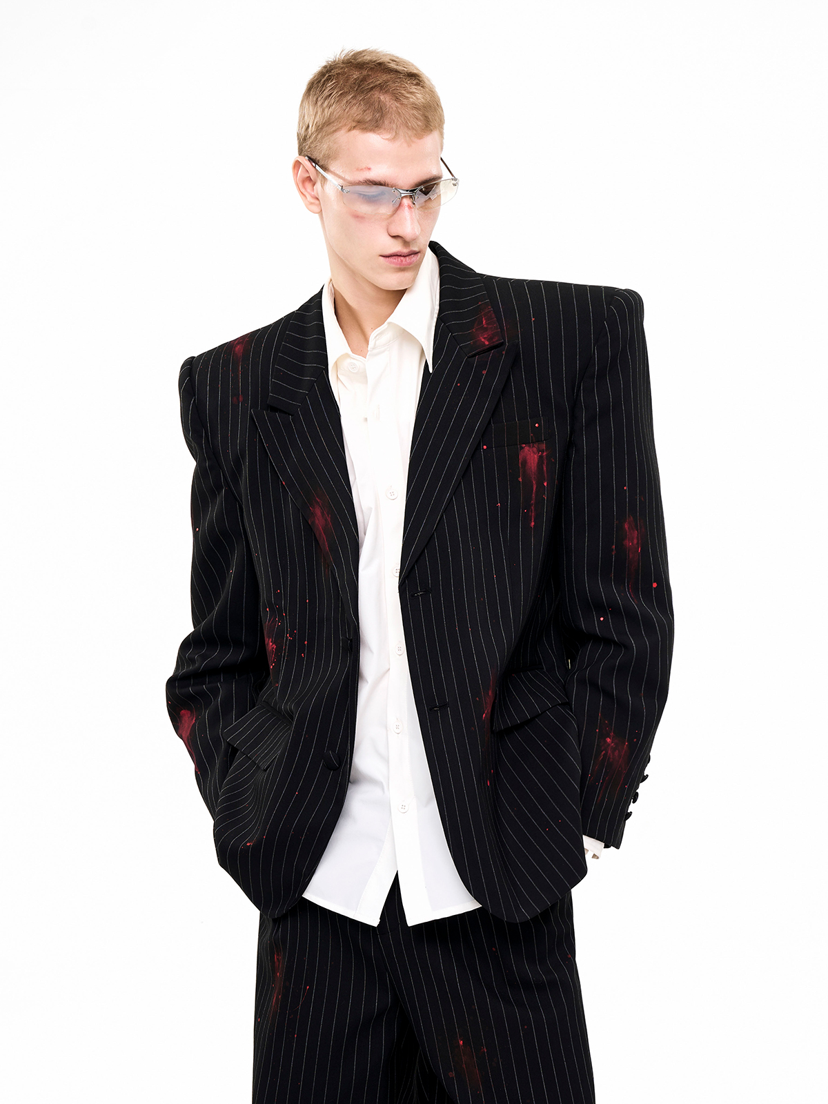BLACK PINSTRIPE CRIMSON-SPLATTER SUIT-START EXCEED END