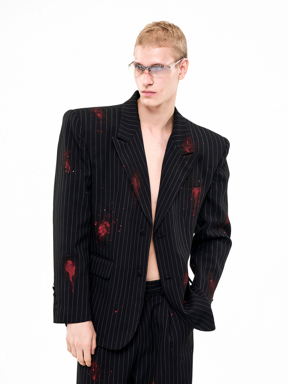 BLACK PINSTRIPE CRIMSON-SPLATTER SUIT-START EXCEED END