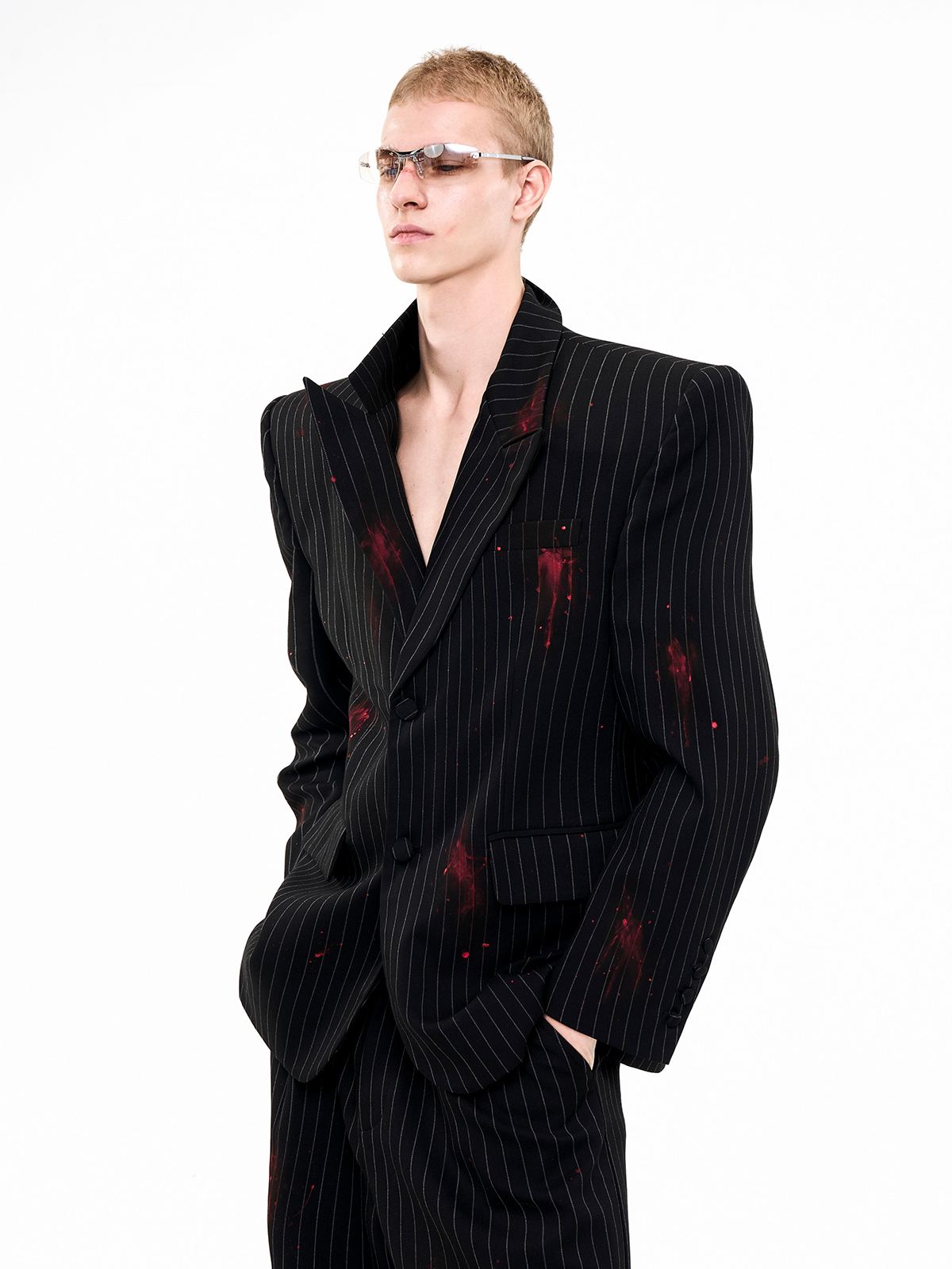 BLACK PINSTRIPE CRIMSON-SPLATTER SUIT-START EXCEED END