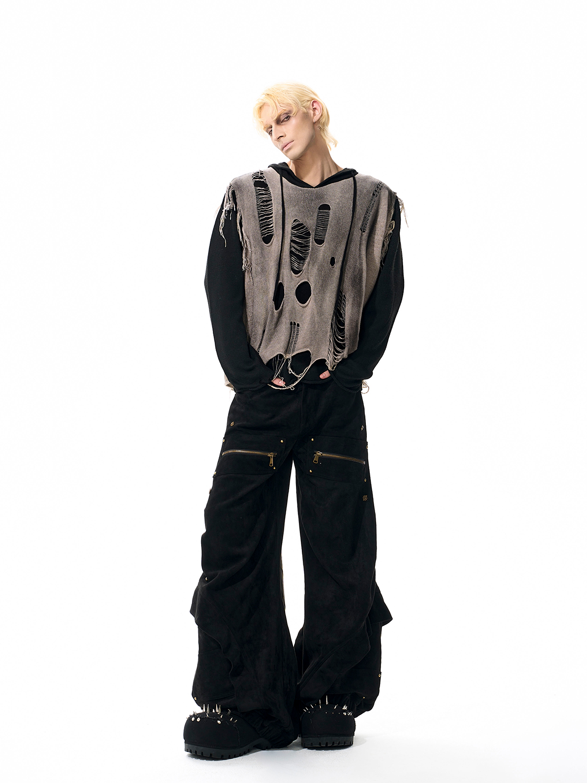 DESTROYED LAYERED KNIT HOODIE-START EXCEED END