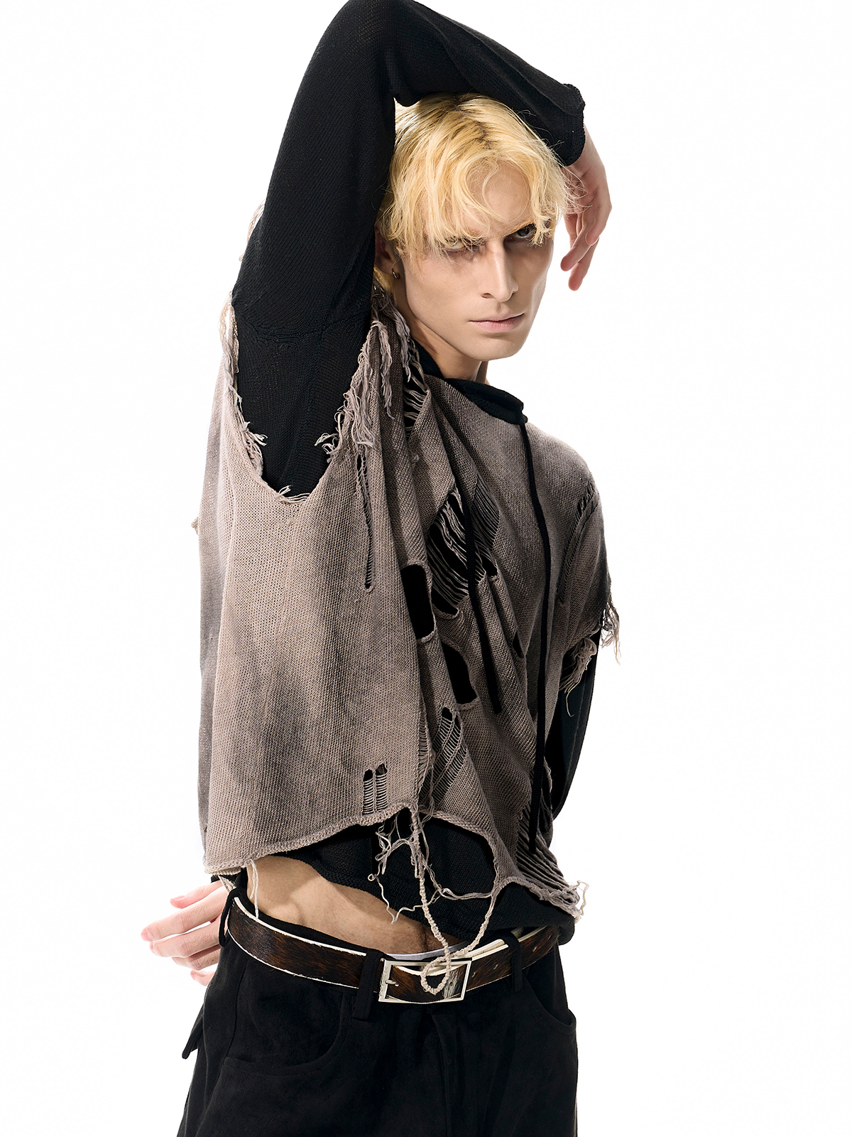 DESTROYED LAYERED KNIT HOODIE-START EXCEED END