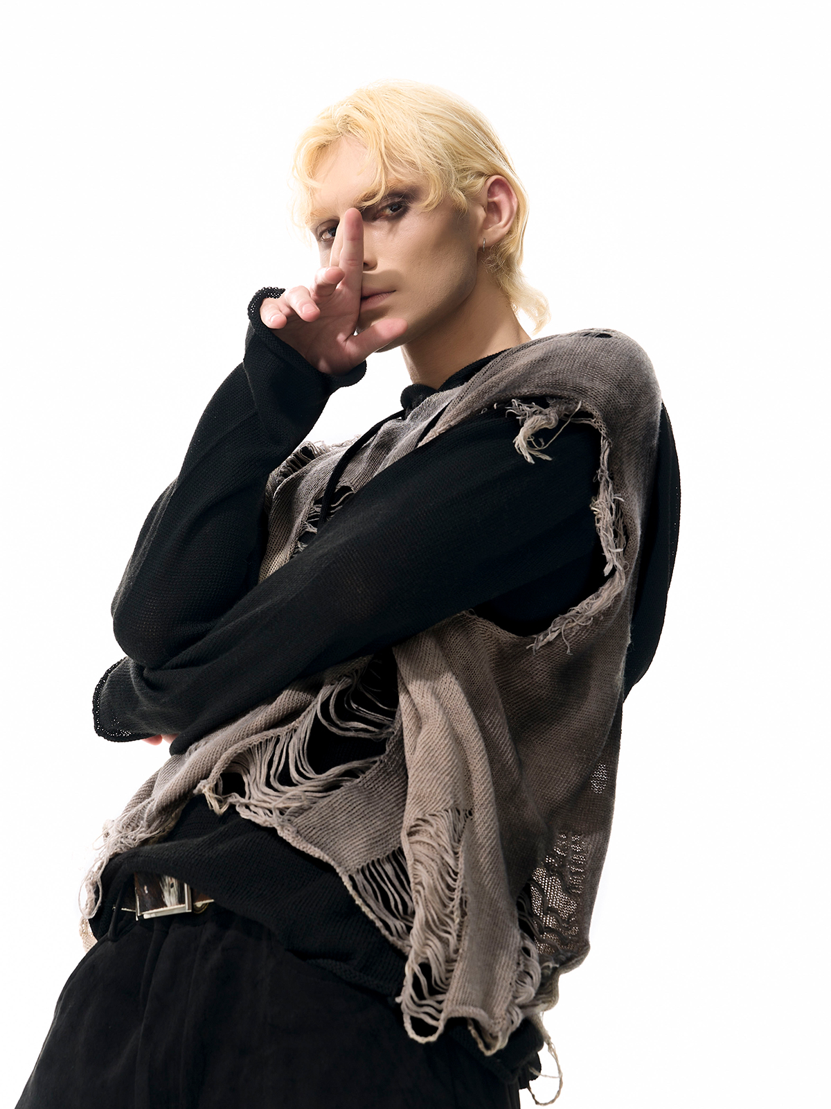 DESTROYED LAYERED KNIT HOODIE-START EXCEED END