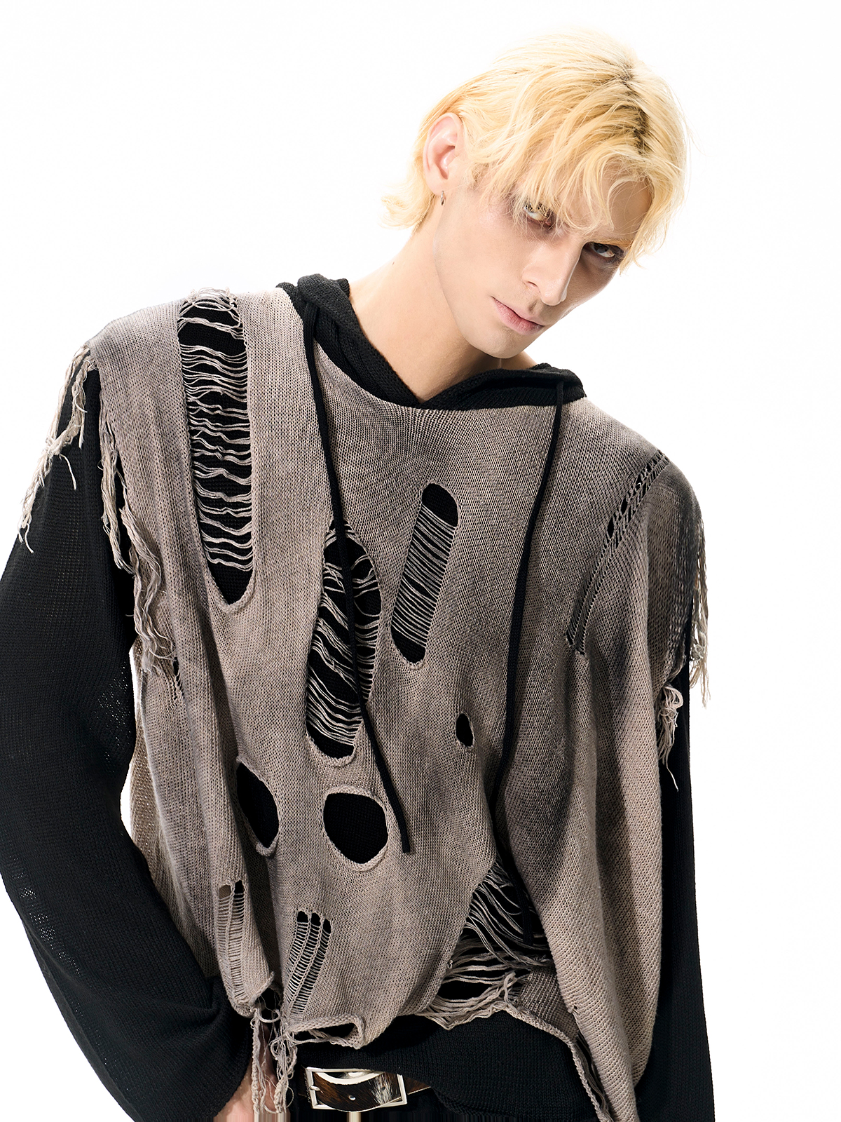 DESTROYED LAYERED KNIT HOODIE-START EXCEED END