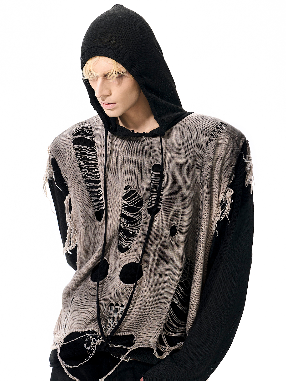 DESTROYED LAYERED KNIT HOODIE-START EXCEED END