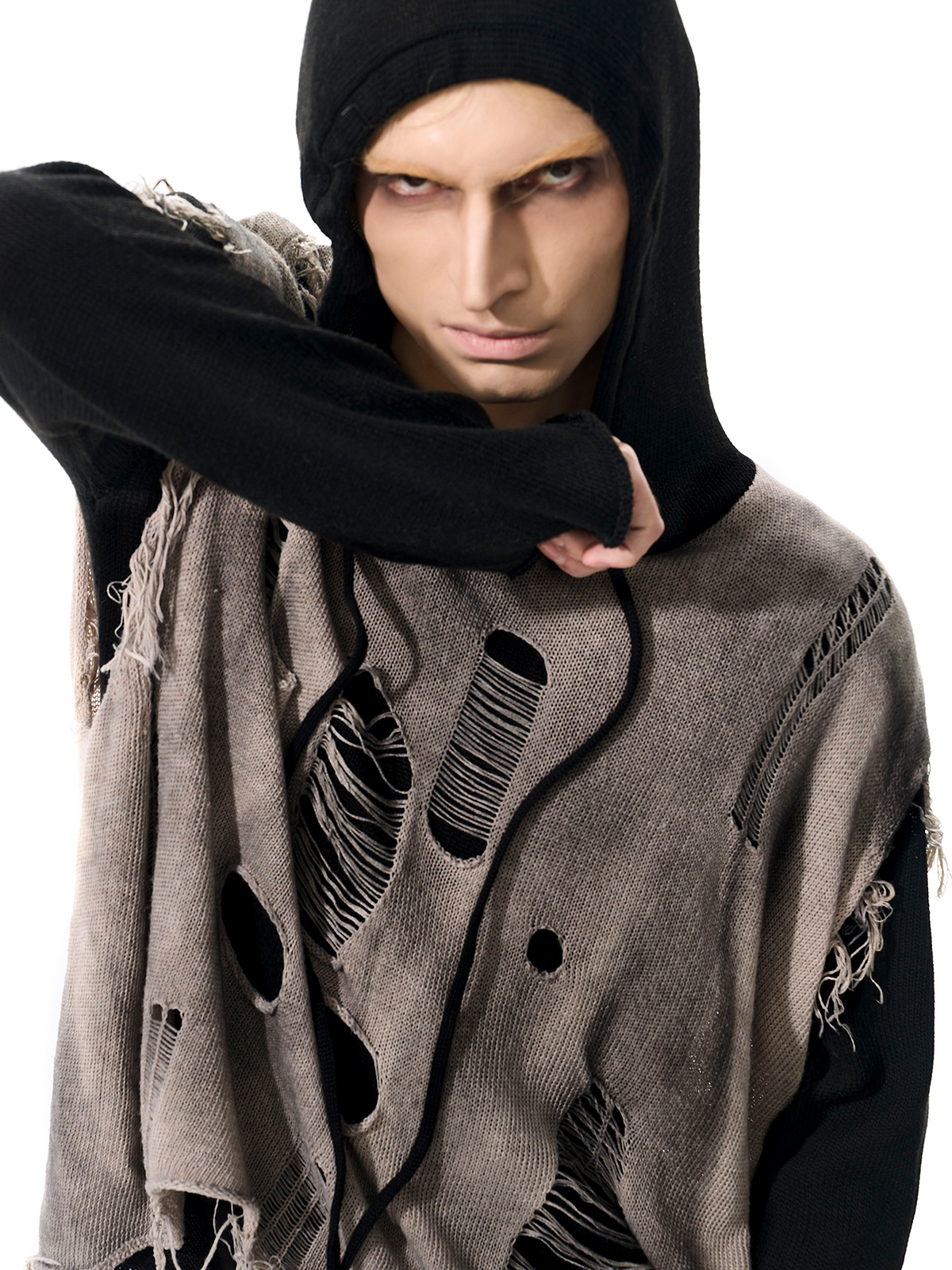 DESTROYED LAYERED KNIT HOODIE-START EXCEED END