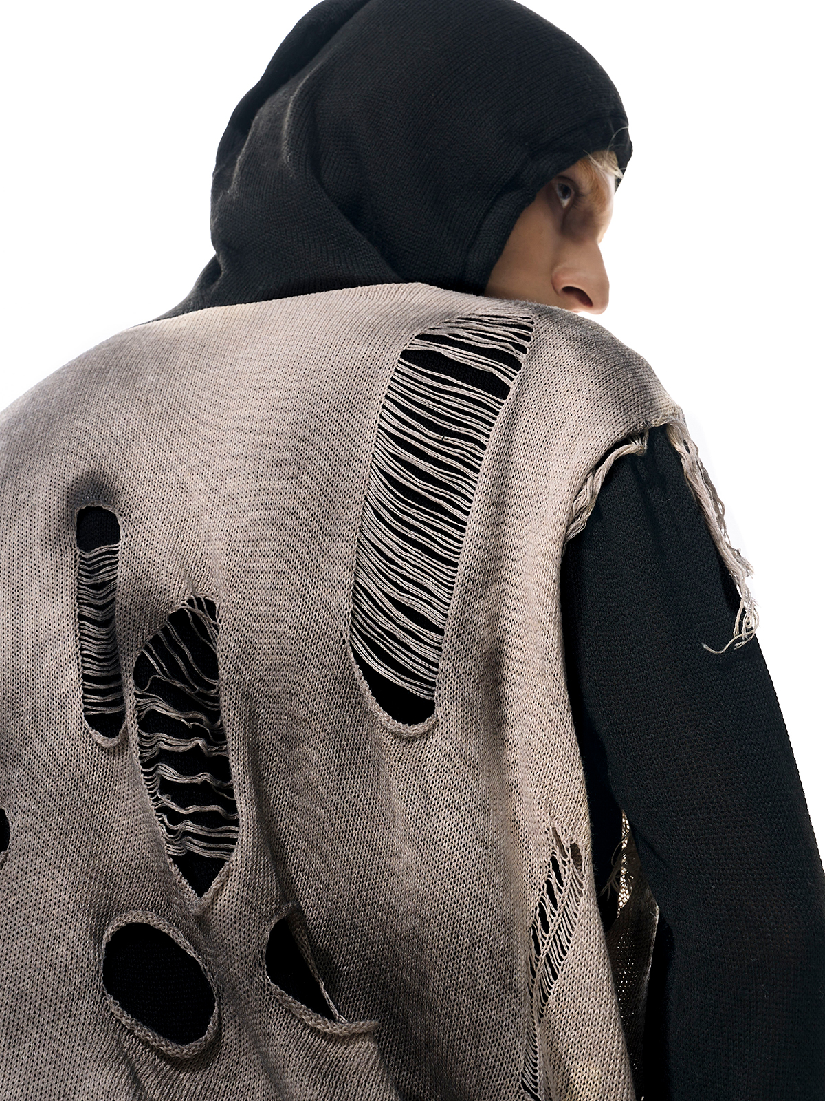 DESTROYED LAYERED KNIT HOODIE-START EXCEED END
