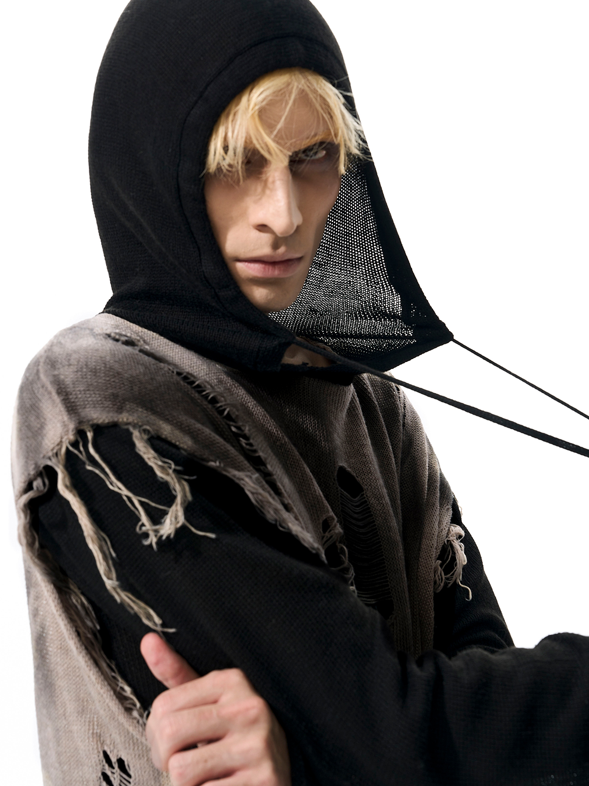 DESTROYED LAYERED KNIT HOODIE-START EXCEED END