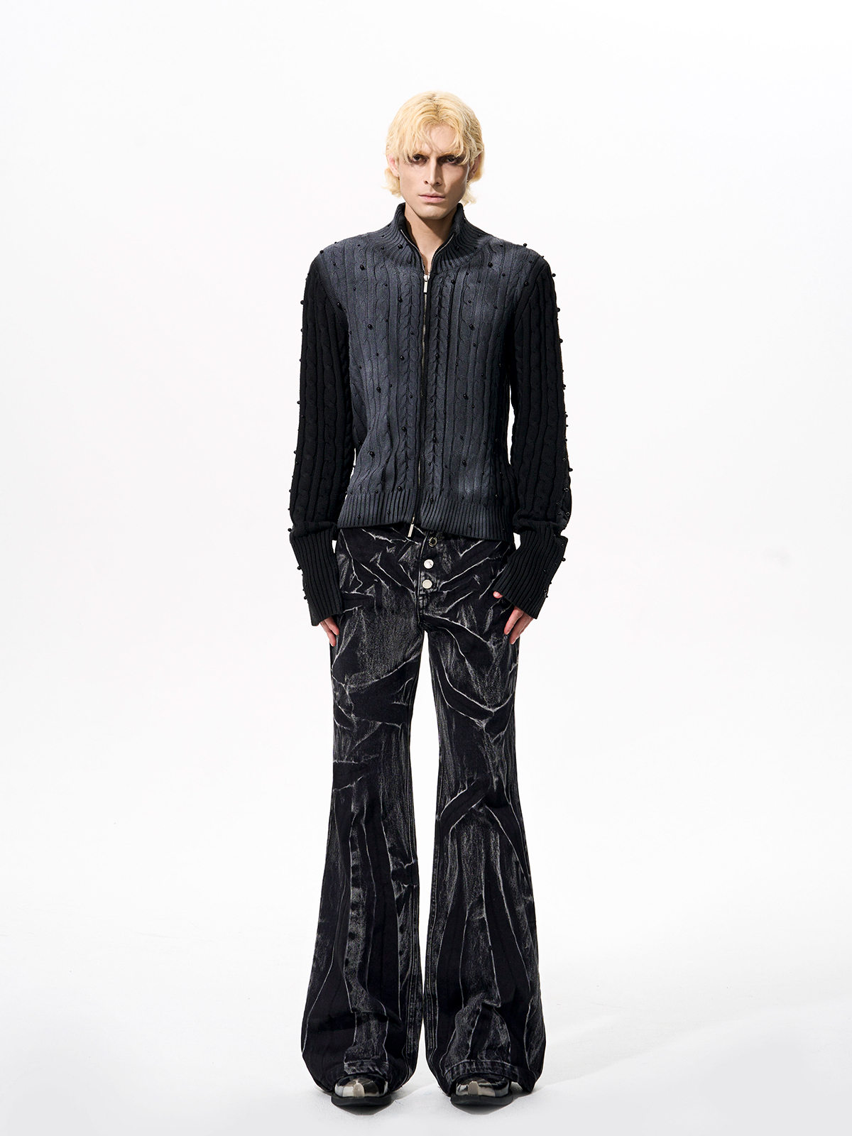 CRUSHED TEXTURE FLARE TROUSERS-START EXCEED END