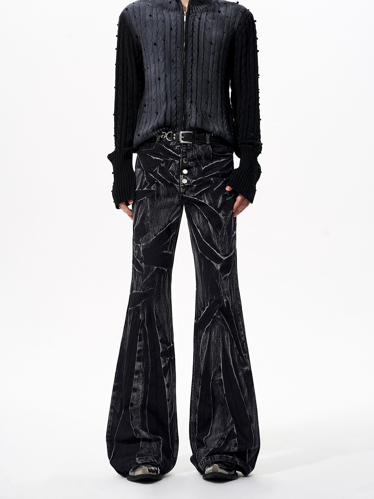 CRUSHED TEXTURE FLARE TROUSERS-START EXCEED END