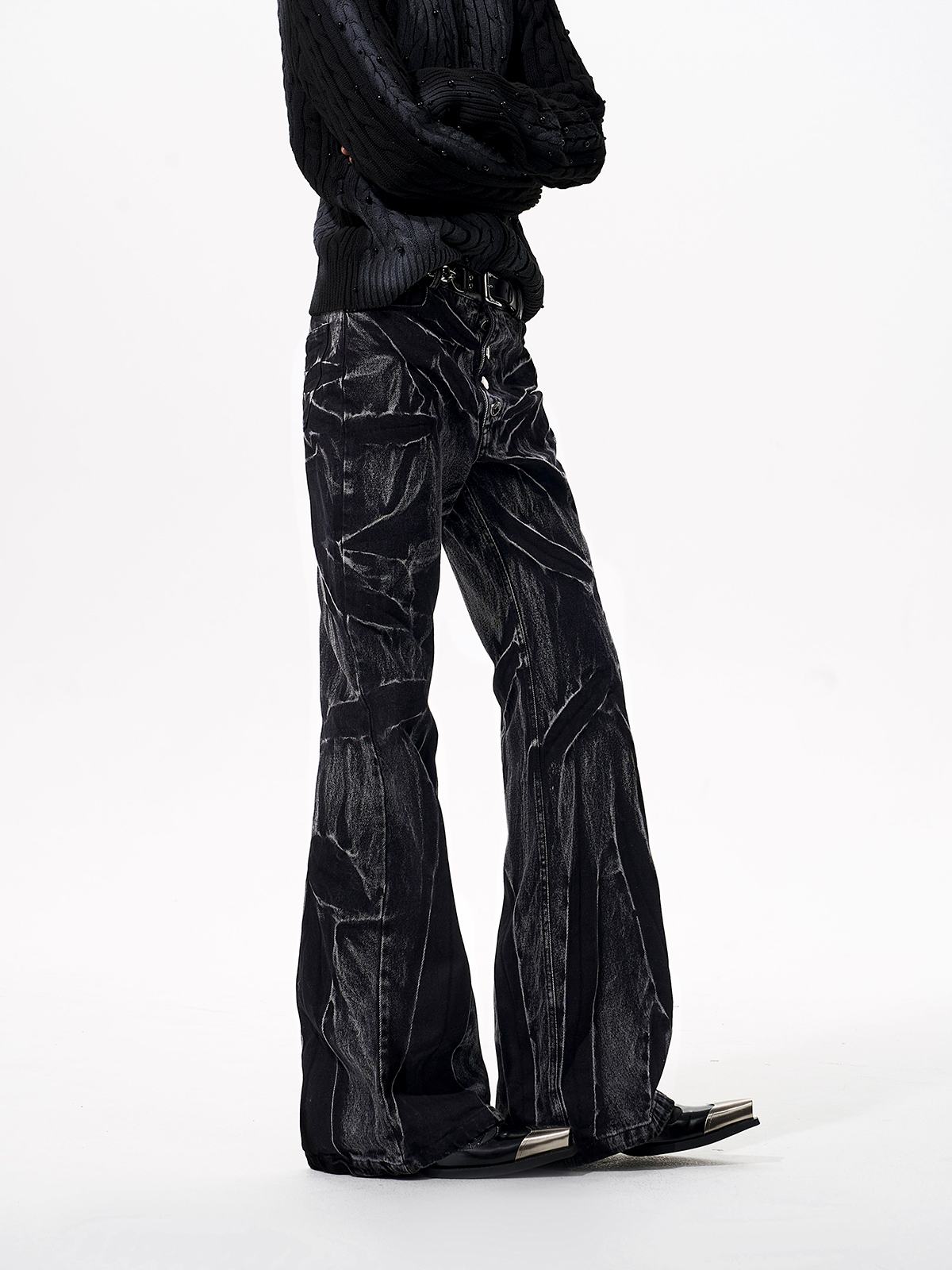 CRUSHED TEXTURE FLARE TROUSERS-START EXCEED END