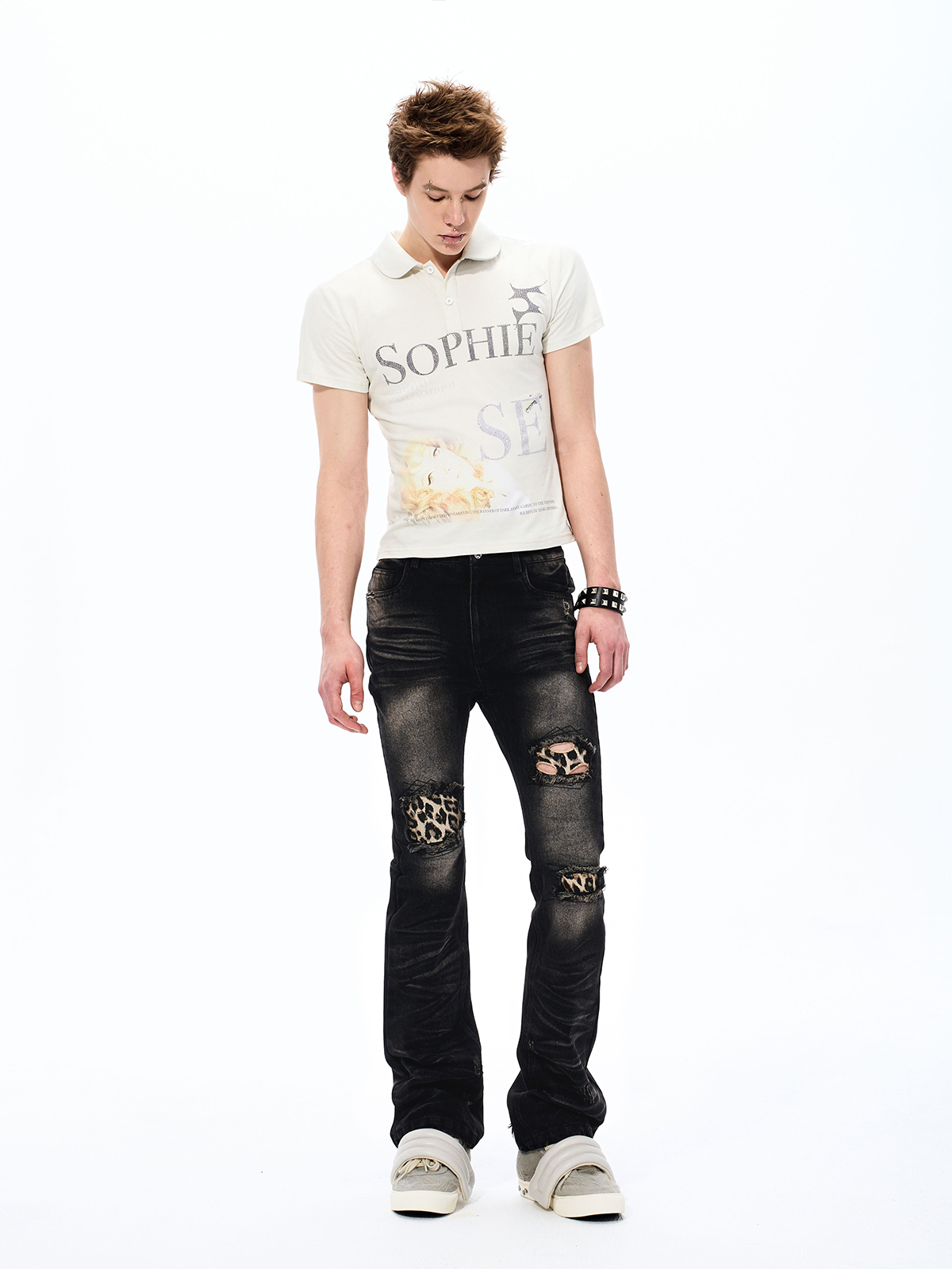 WASHED STACKED DISTRESSED LEOPARD PRINT FLARE JEANS