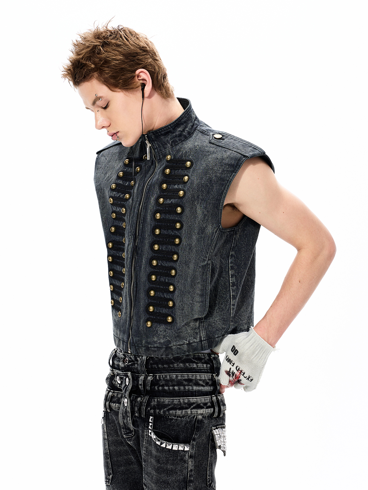 DISTRESSED DENIM NAPOLEON MILITARY VEST