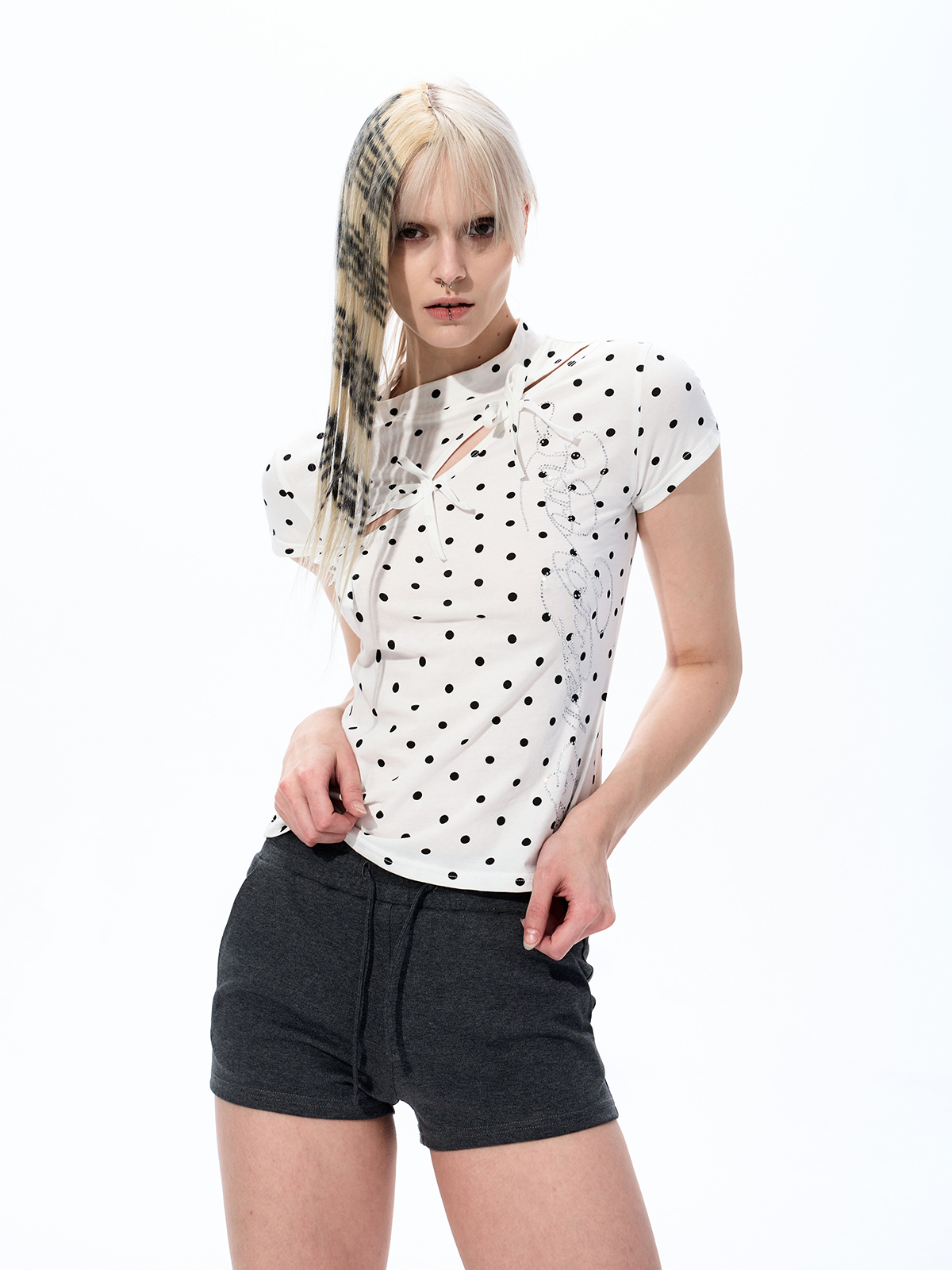 POLKA DOT CUT-OUT BOW TEE WITH RHINESTONES-WHITE