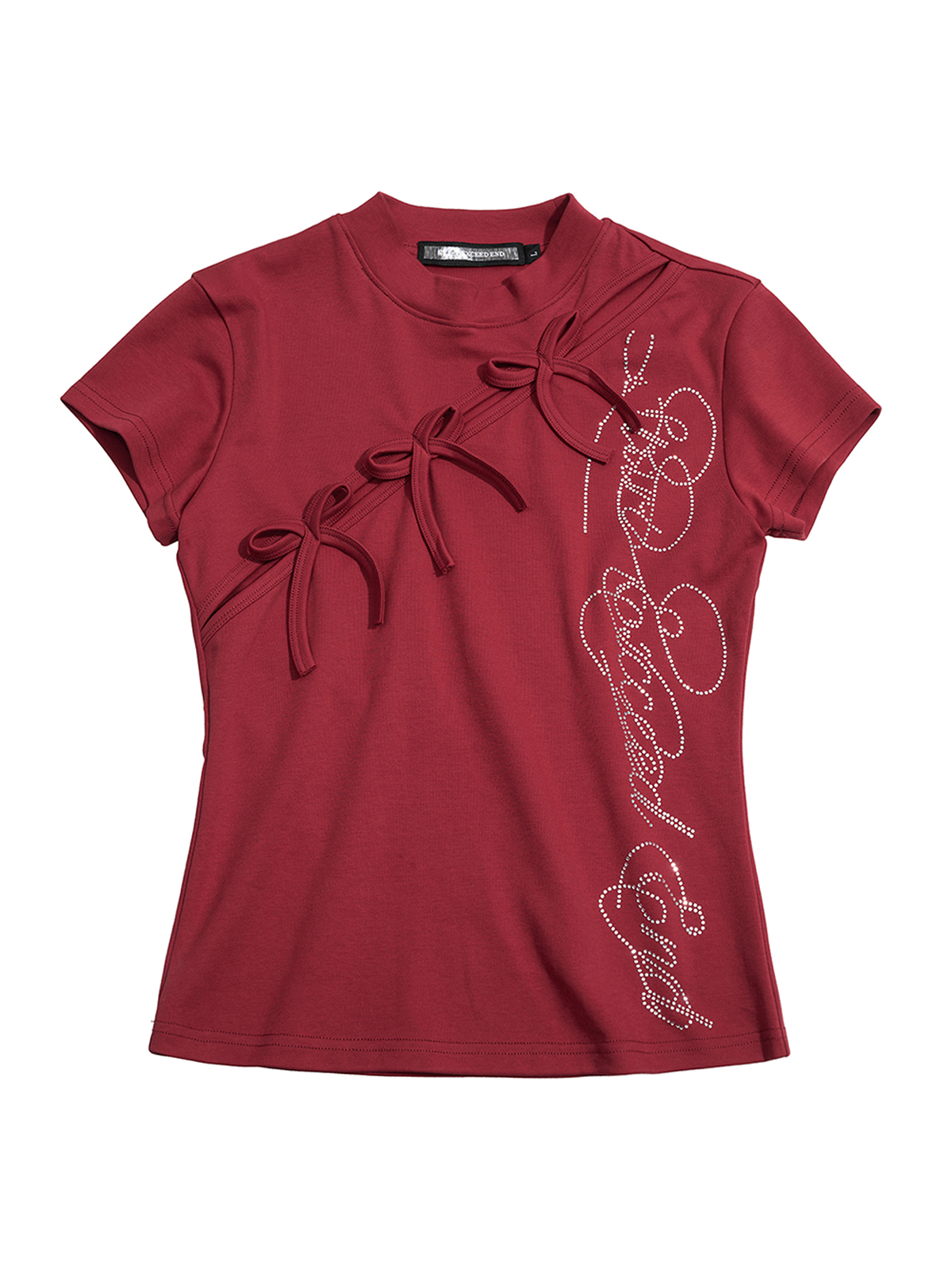ASYMMETRICAL CUT-OUT BOW RHINESTONE BABY TEE-DEEP RED