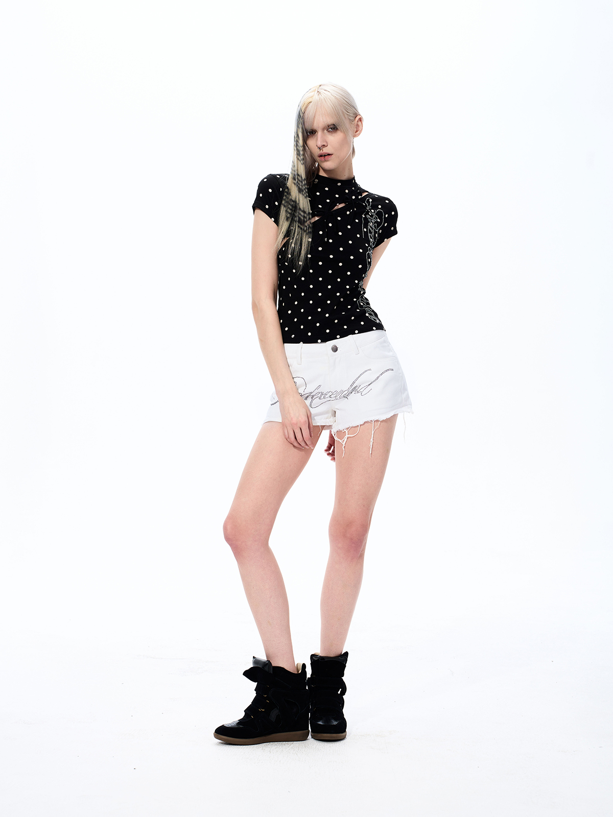 POLKA DOT CUT-OUT BOW TEE WITH RHINESTONES-BLACK
