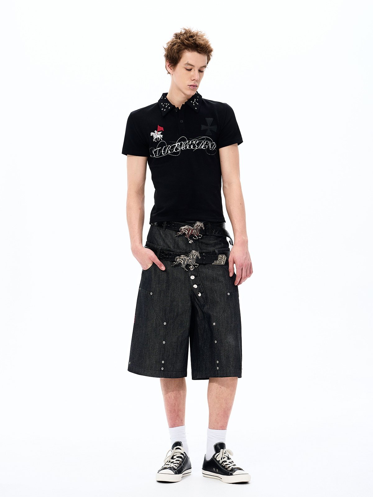 EMBROIDERED MUSICAL NOTE DOUBLE WAISTBAND JORTS
