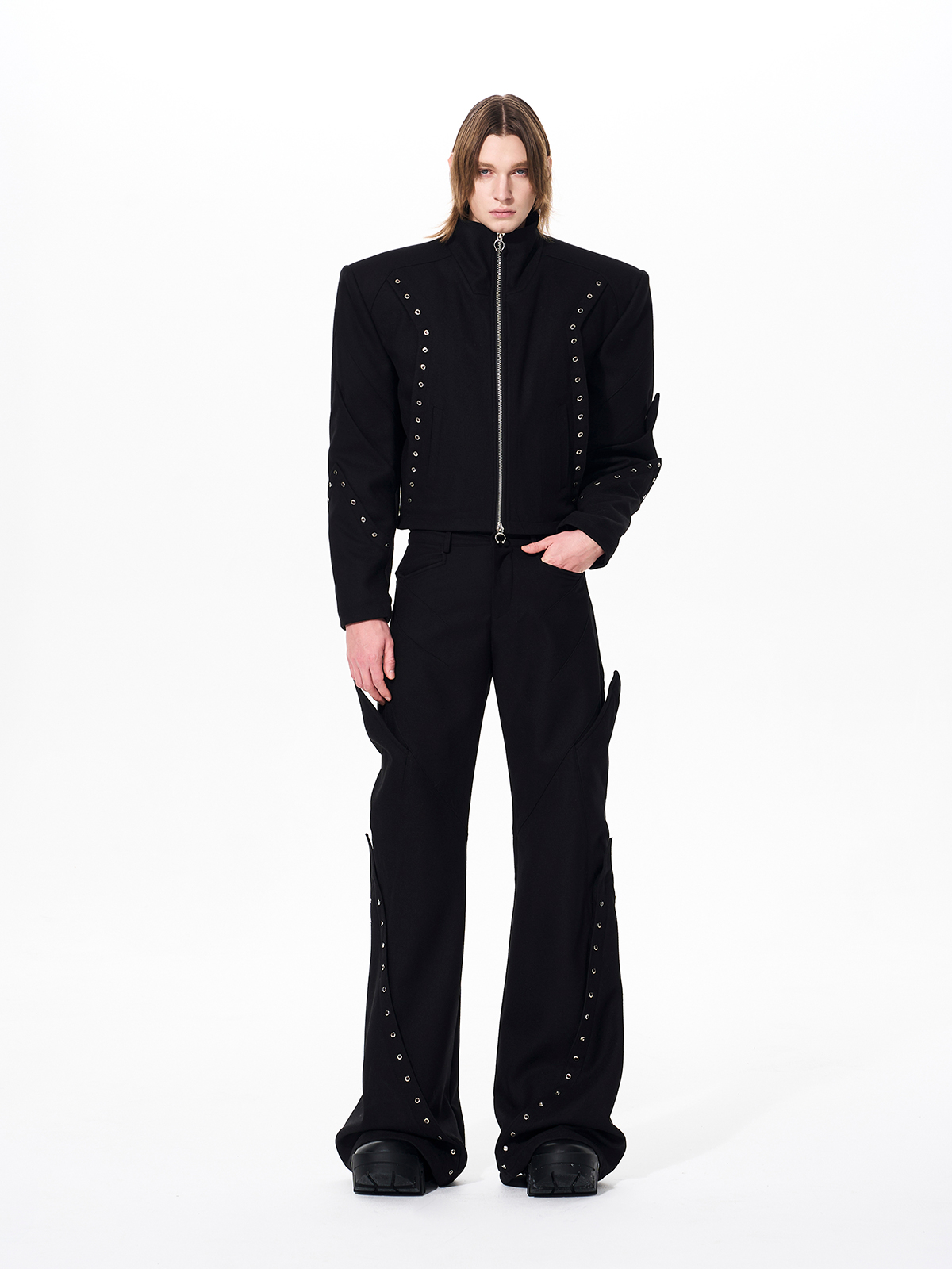 RIVET STRUCTURED CROPPED JACKET & FLARED PANTS SET