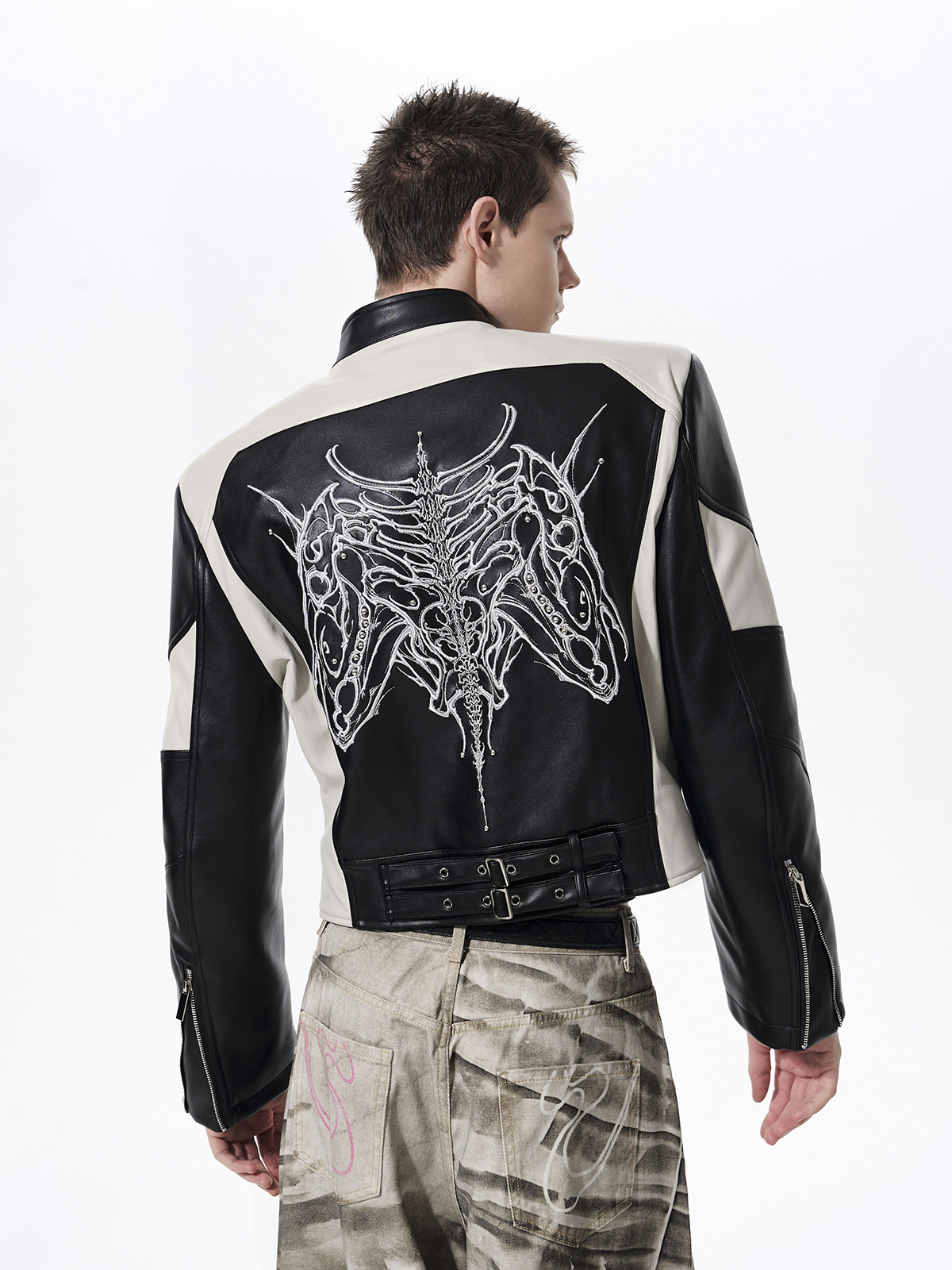 EMBROIDERED SKELETAL HORSE MOTO JACKET-BLACK