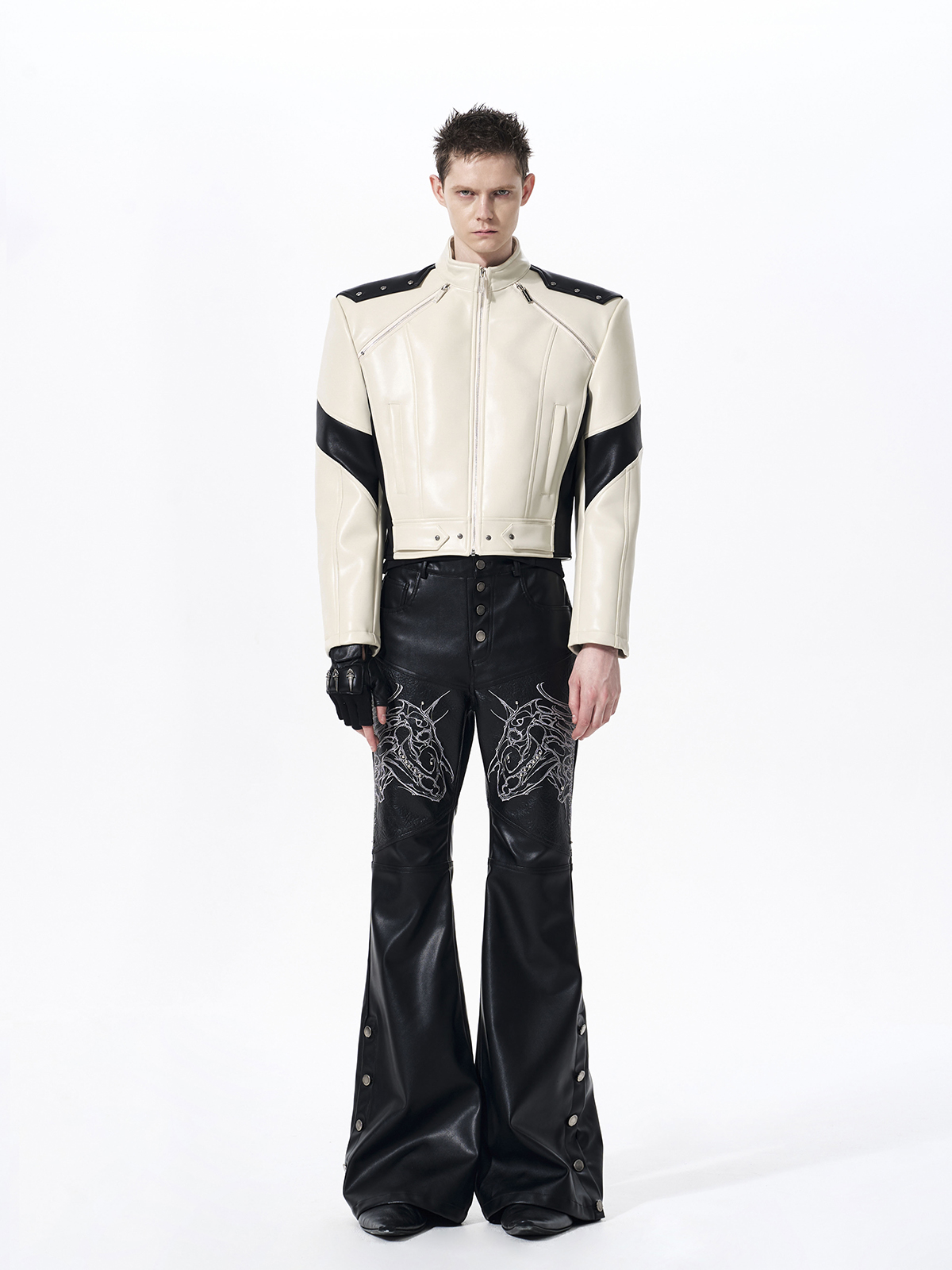 SKELETAL HORSE FLARED FAUX LEATHER PANTS-BLACK