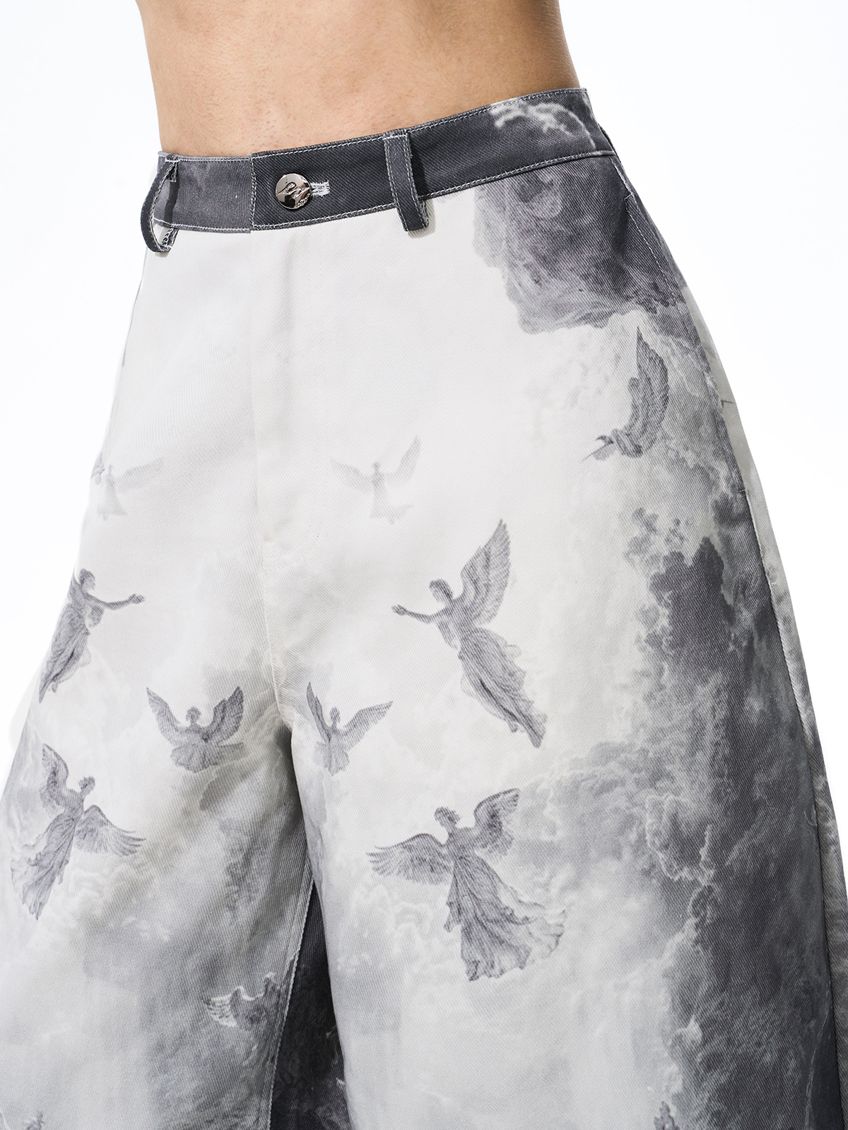 RENAISSANCE ANGEL PRINT LOW WAIST WIDE LEG JEANS