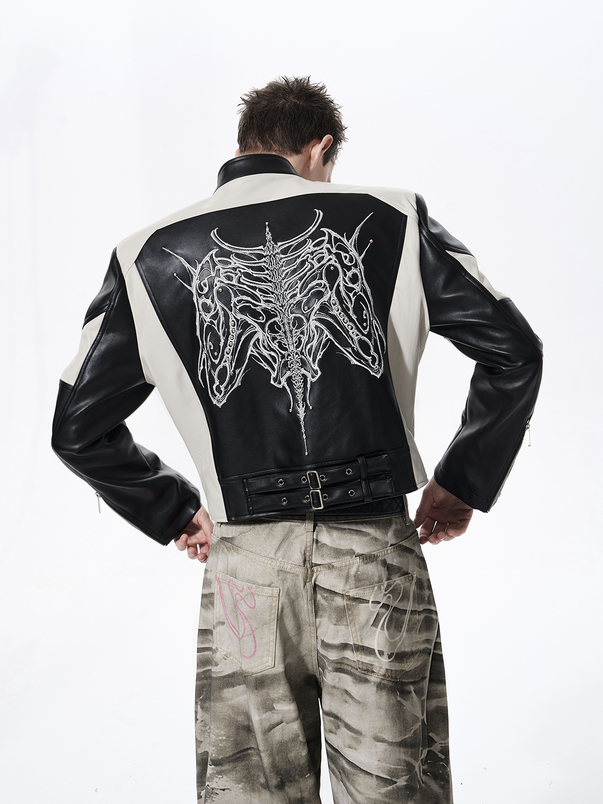 EMBROIDERED SKELETAL HORSE MOTO JACKET-BLACK