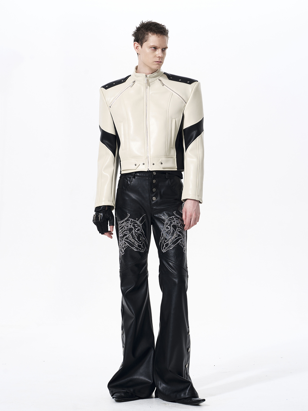 SKELETAL HORSE FLARED FAUX LEATHER PANTS-BLACK