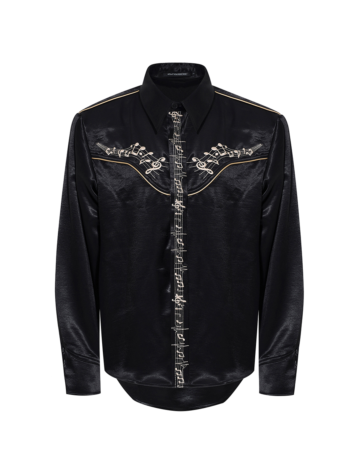 MUSICAL NOTE EMBROIDERED DRAPE SATIN SHIRT-BLACK