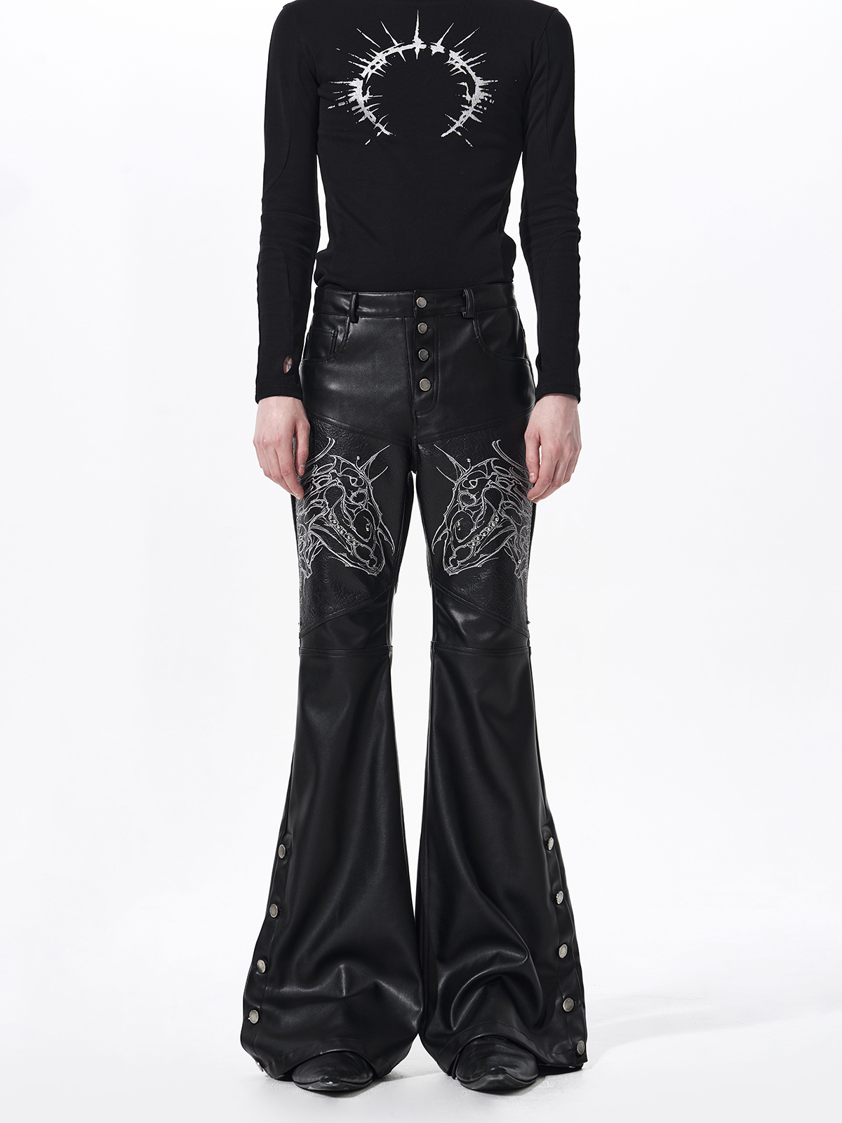 SKELETAL HORSE FLARED FAUX LEATHER PANTS-BLACK