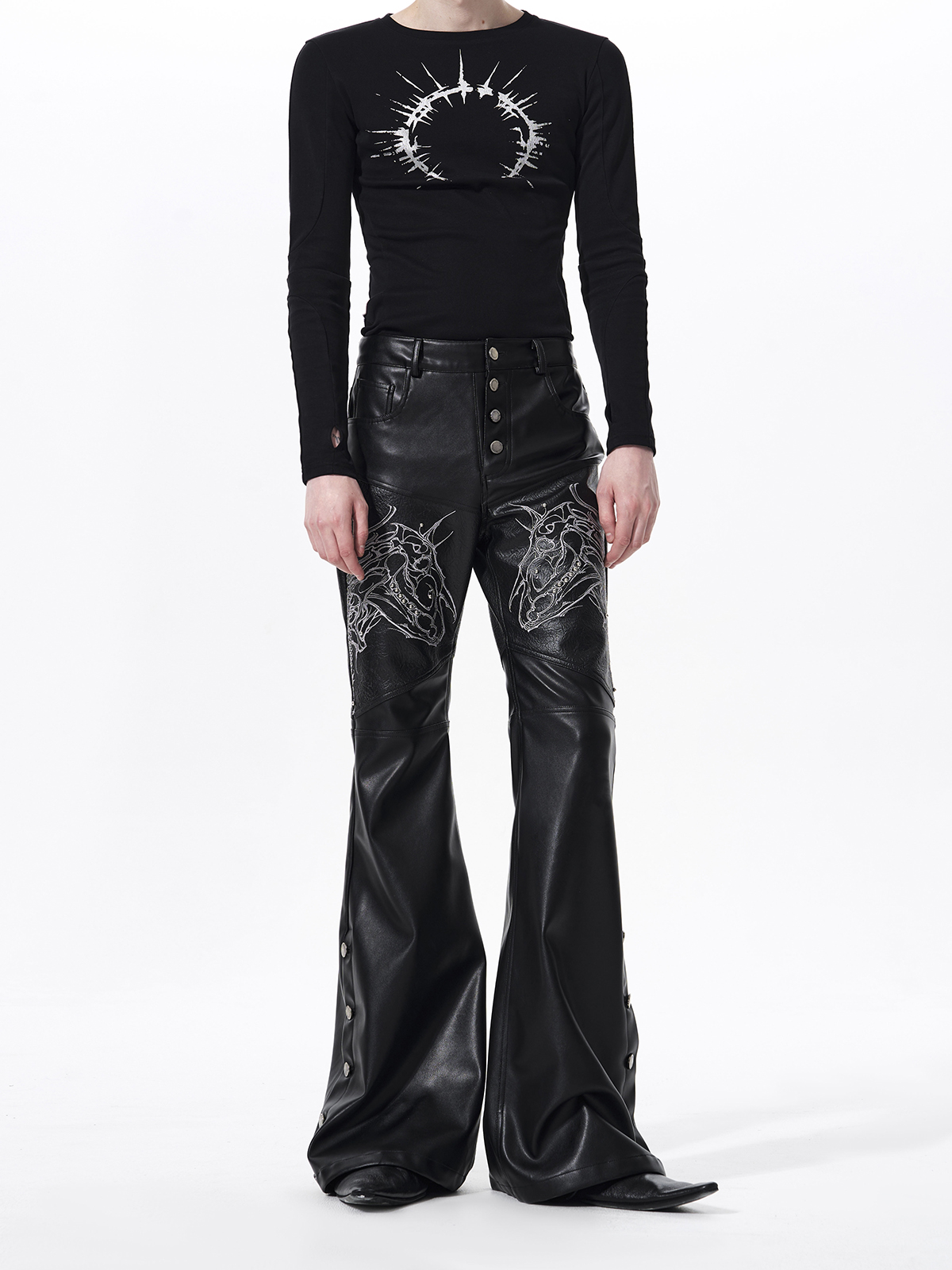 SKELETAL HORSE FLARED FAUX LEATHER PANTS-BLACK