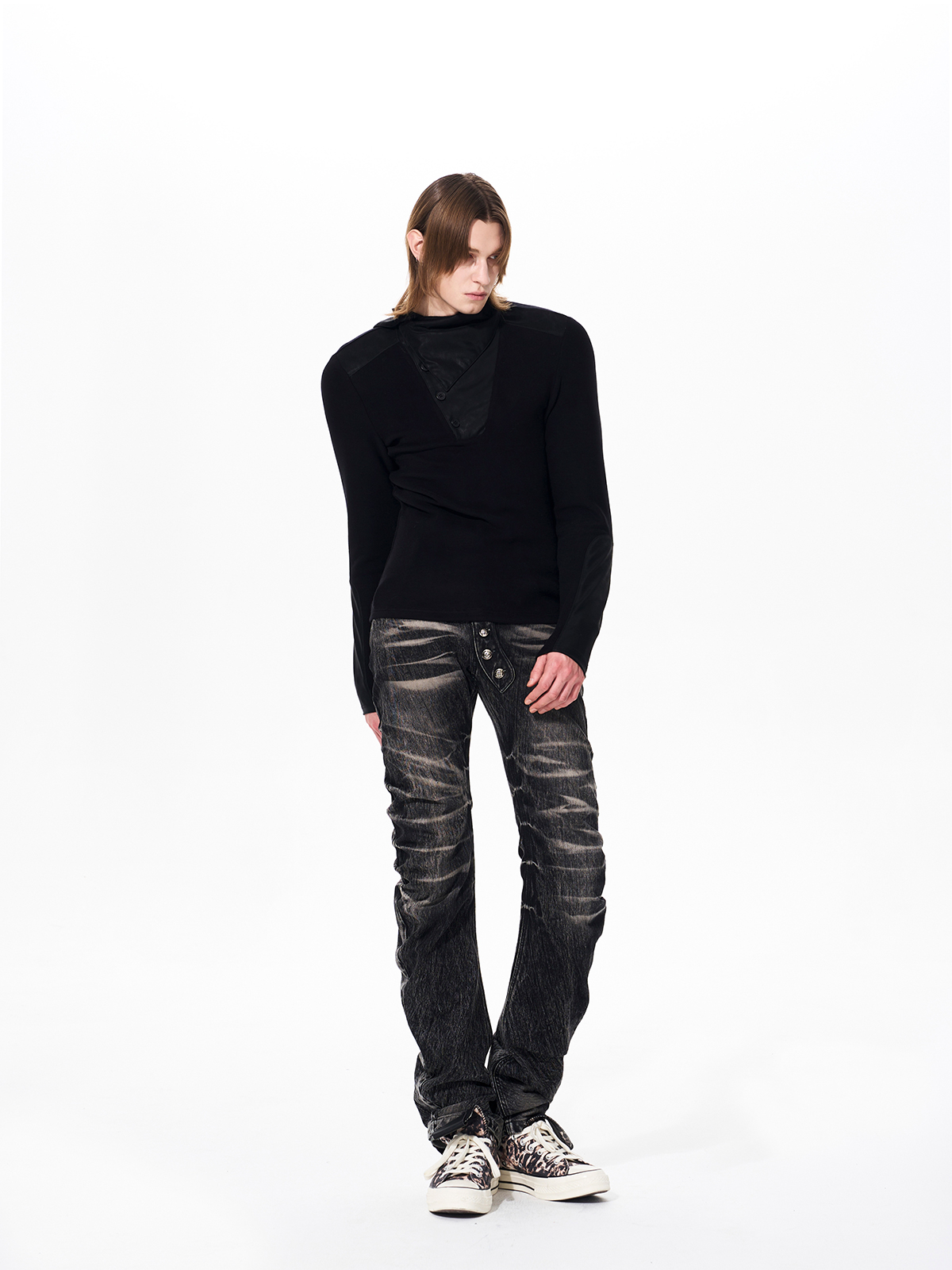 LEATHER PANEL BUTTON NECK FLEECE TOP