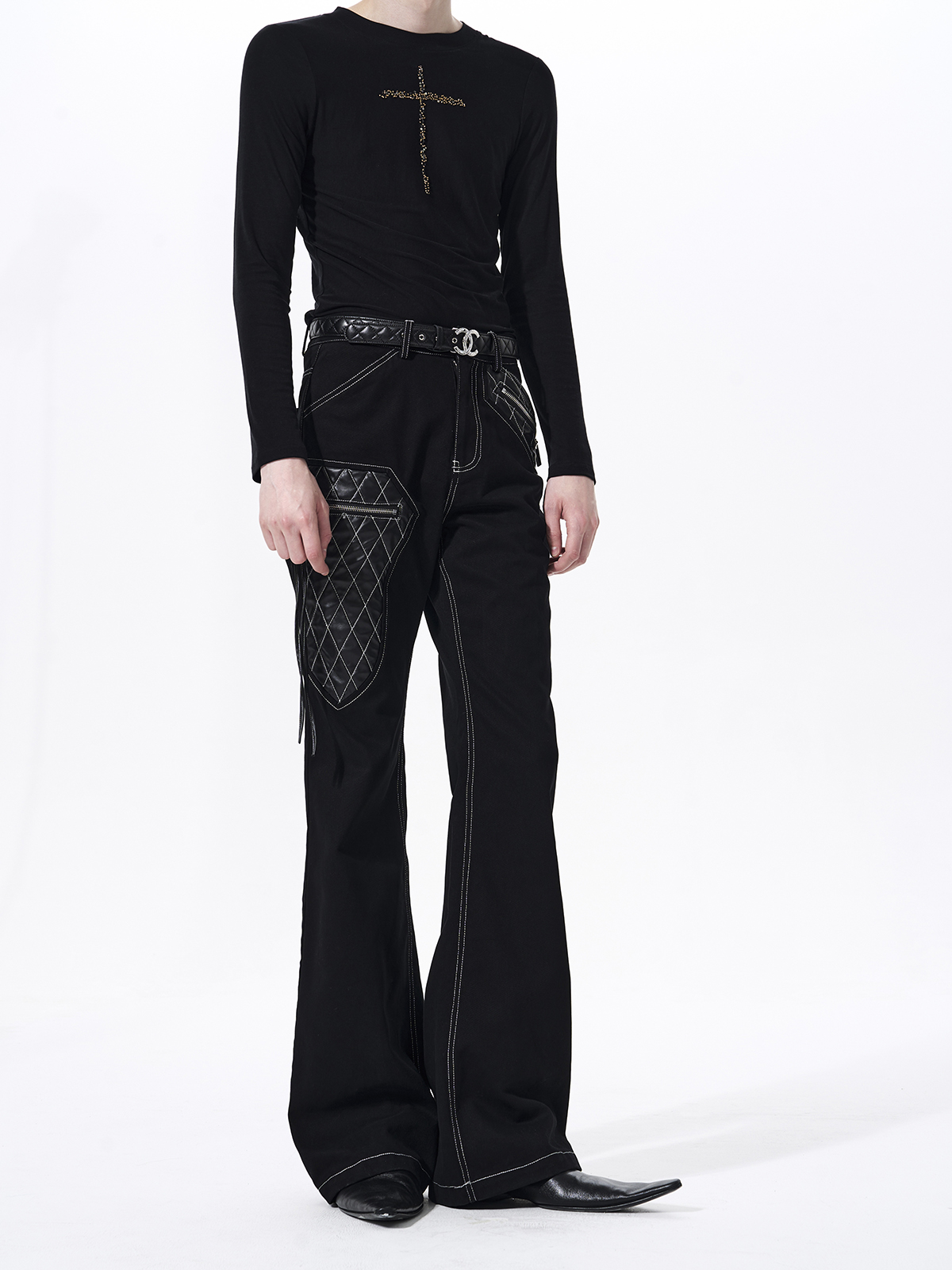 QUILTED LEATHER PATCHWORK FLARED DENIM