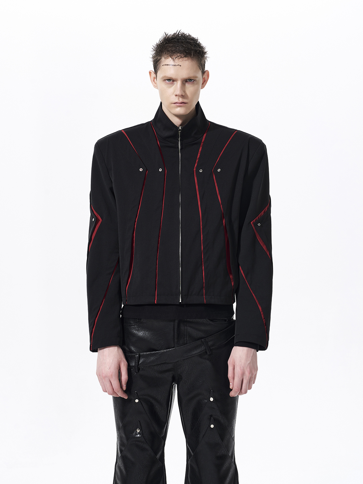 GEOMETRIC PANELED STAND COLLAR JACKET