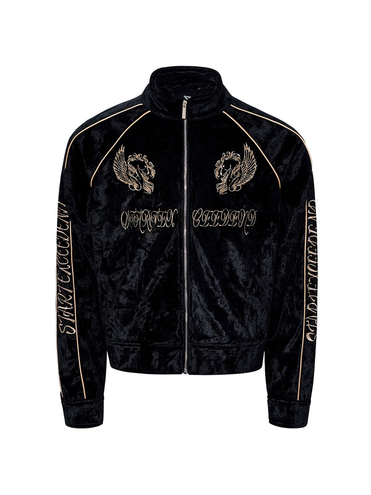 CRUSHED VELVET EMBROIDERED TRACKSUIT SET-BLACK