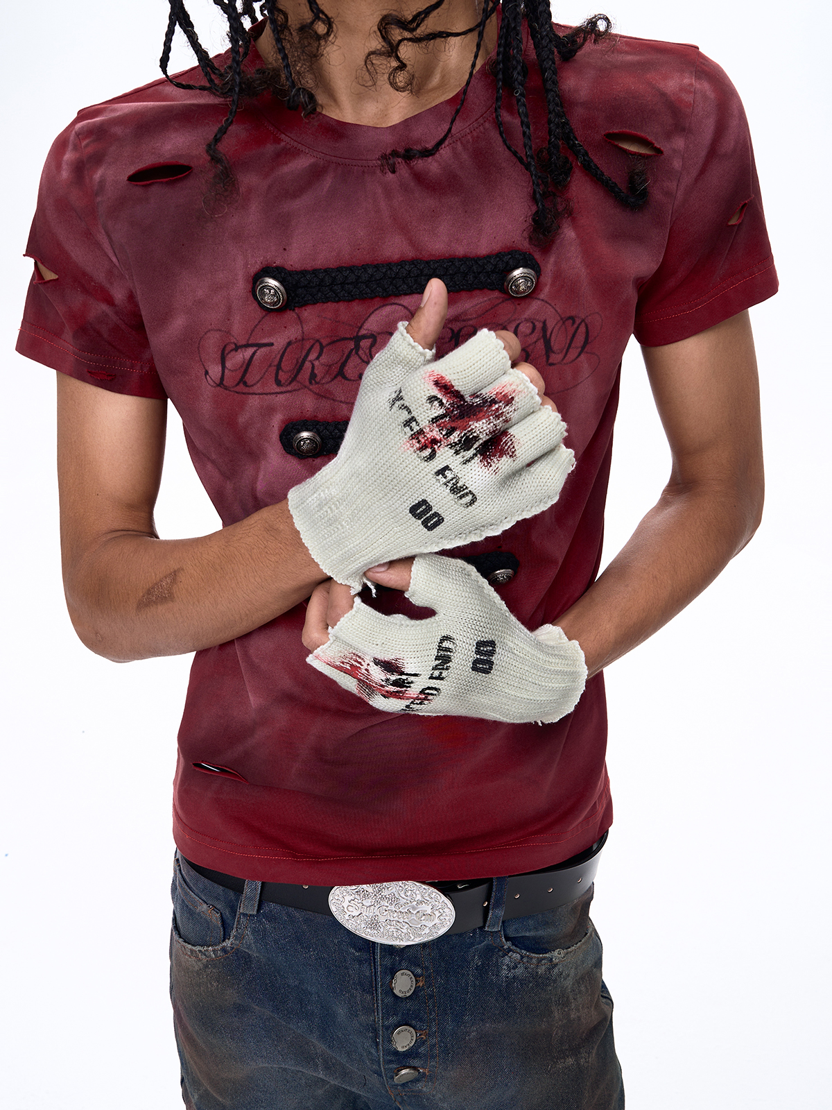 BLOODSTAIN DISTRESSED HALF-FINGER KNIT GLOVES