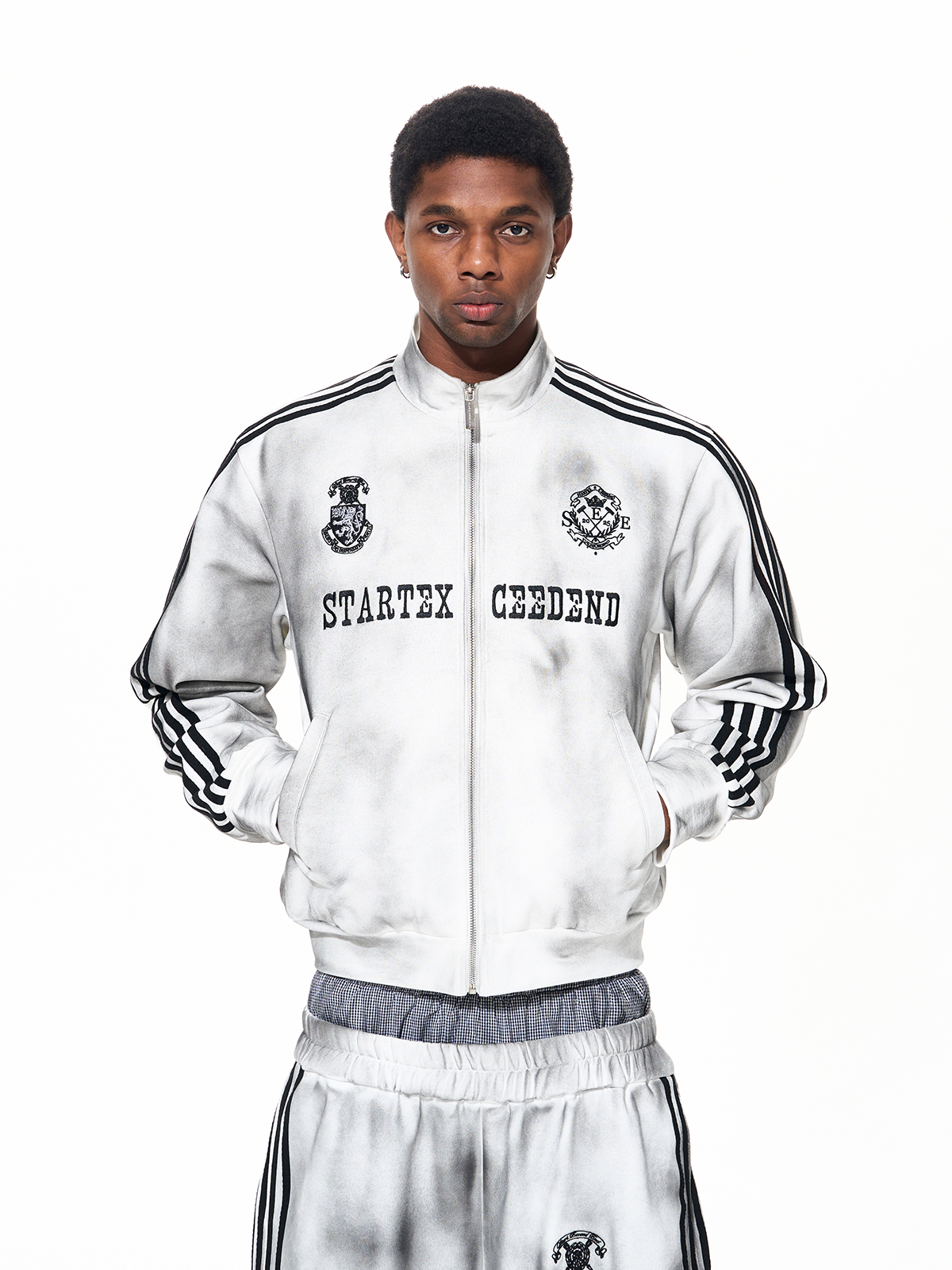 DIRTY WASH 4-STRIPE TRACK SUIT SET - WHITE