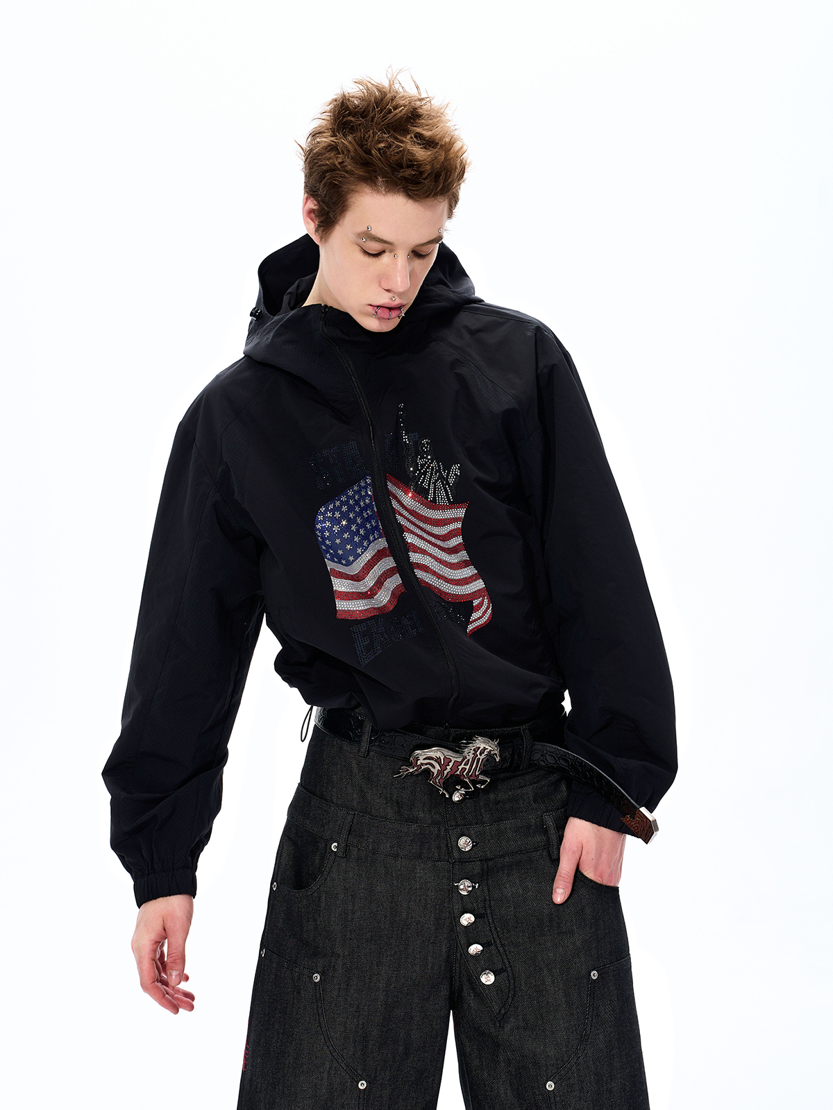 RHINESTONE AMERICANA LIGHTWEIGHT SUN HOODIE-BLACK