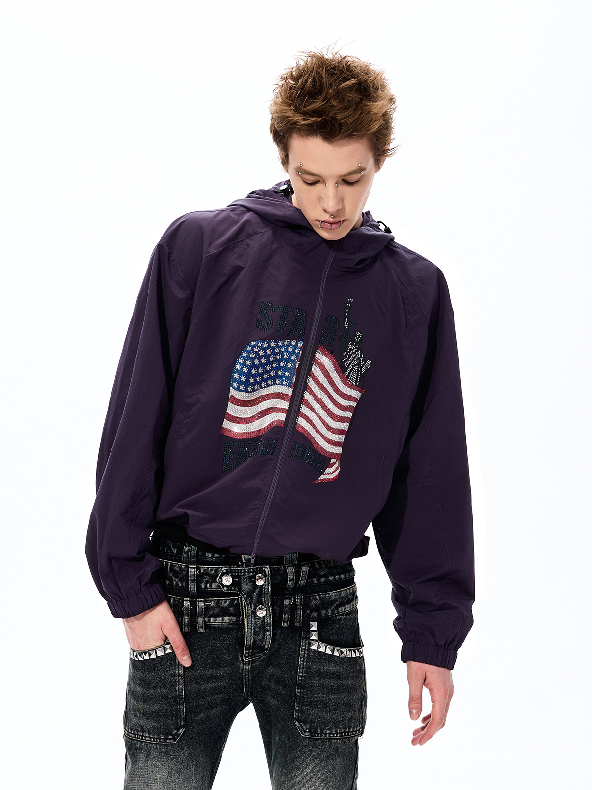 RHINESTONE AMERICANA LIGHTWEIGHT SUN HOODIE-PLUM PURPLE