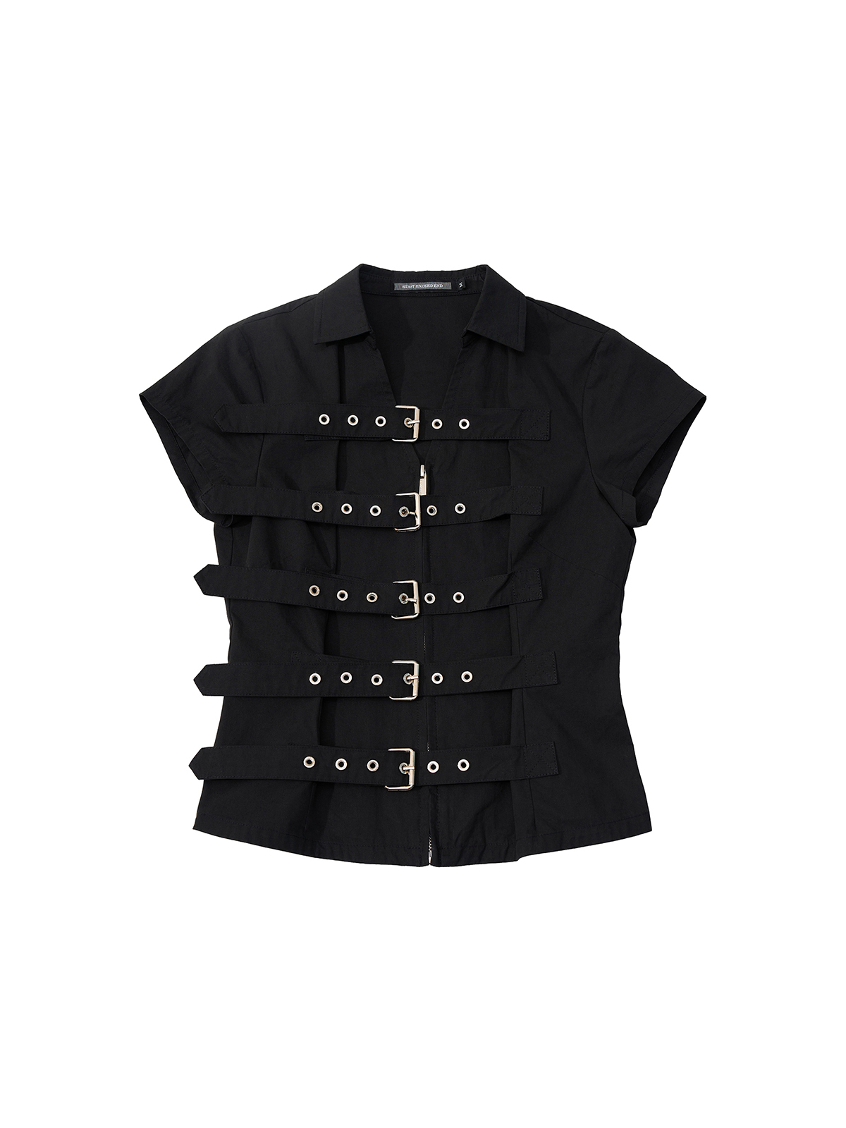 MULTI-BUCKLE STRAPPED V-NECK SHIRT