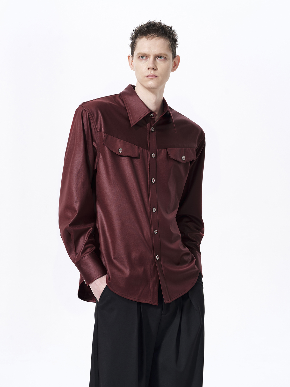 FAUX ACETATE STRUCTURED SHOULDER SHIRT-BURGUNDY