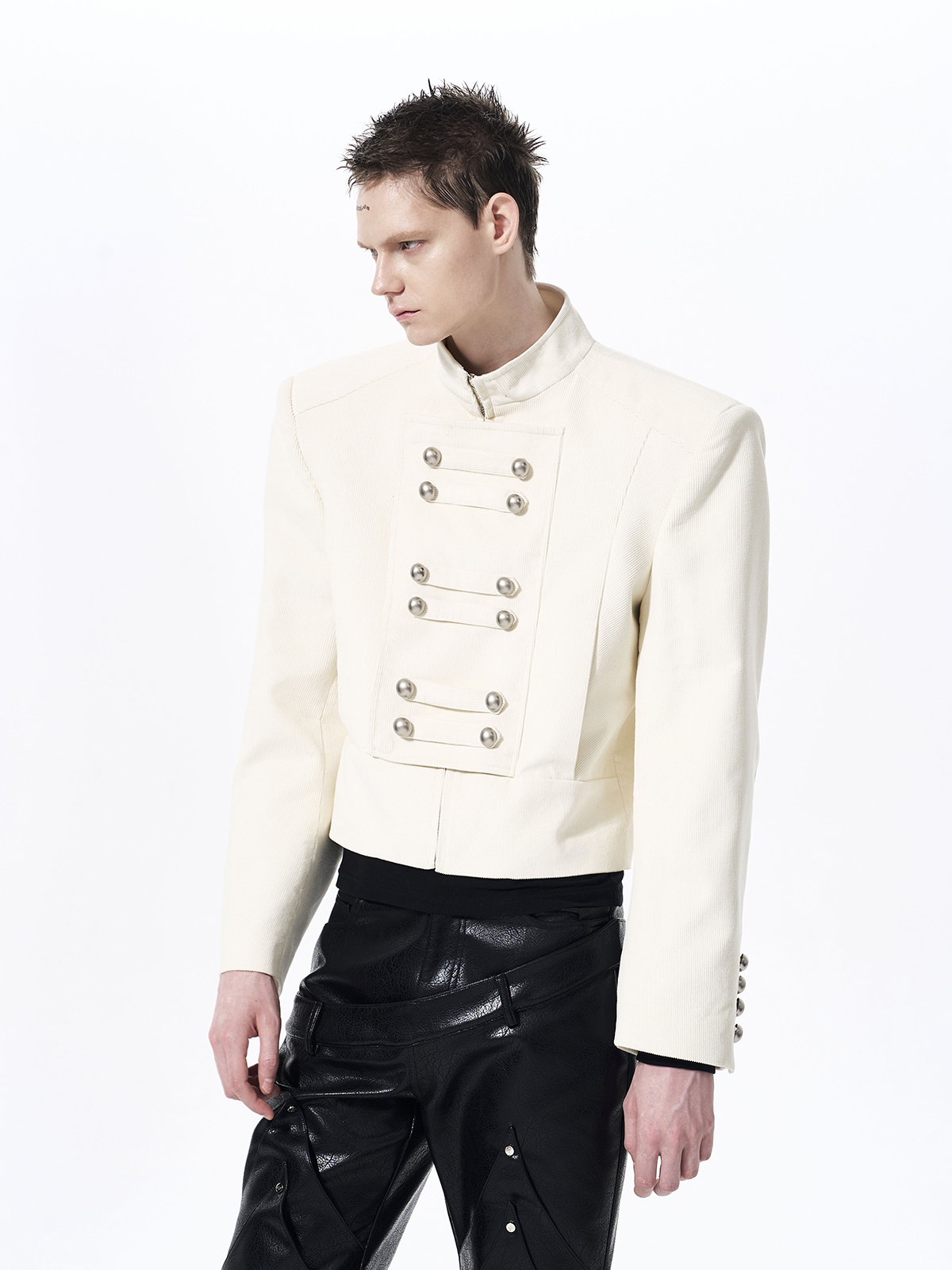 RETRO CORDUROY STAND COLLAR CROPPED JACKET-IVORY WHITE