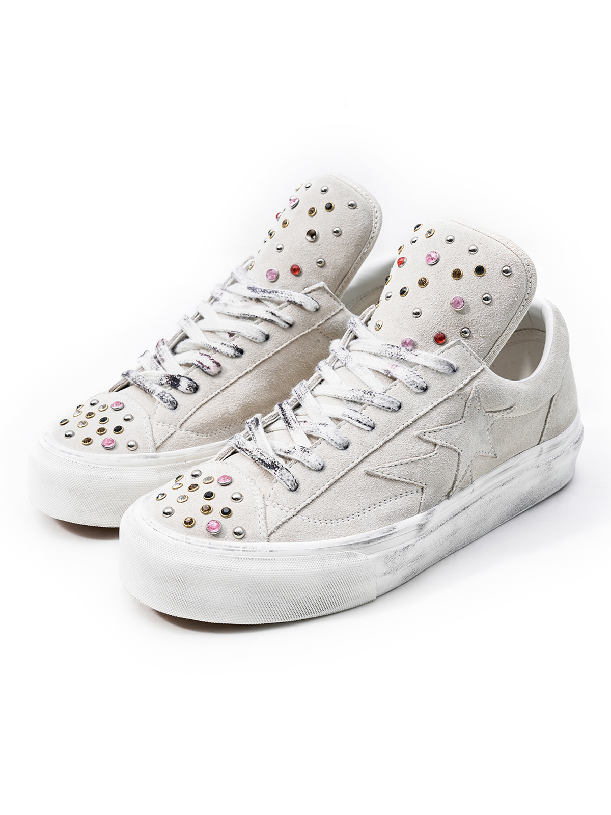 RHINESTONE STUDDED DISTRESSED PLATFORM SNEAKERS-VINTAGE WHITE