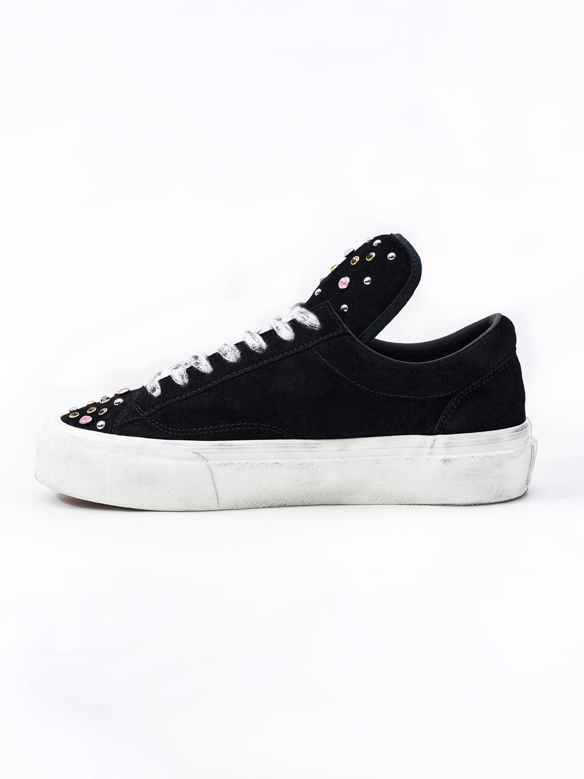 RHINESTONE STUDDED DISTRESSED PLATFORM SNEAKERS-FADED BLACK