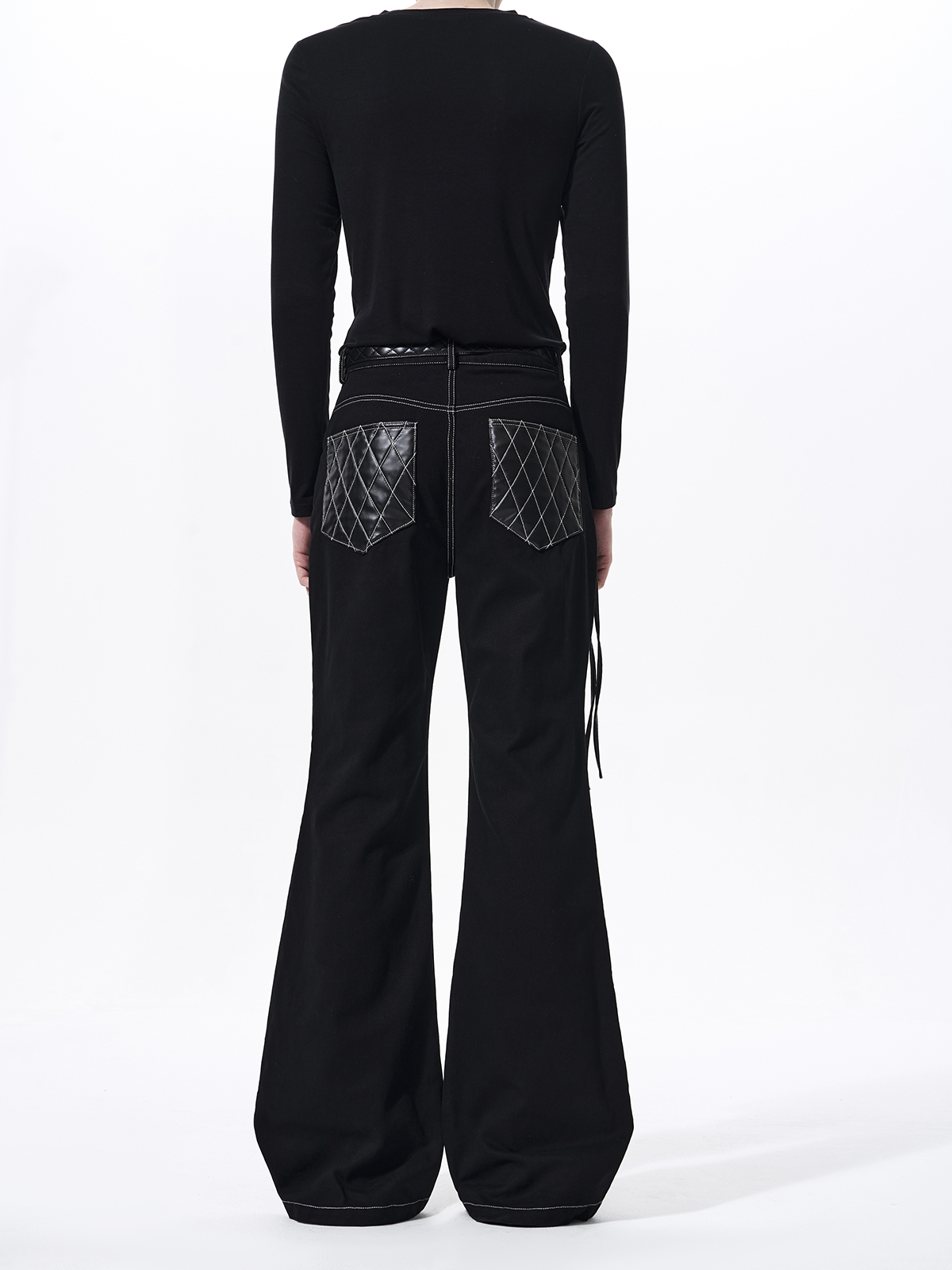 QUILTED LEATHER PATCHWORK FLARED DENIM