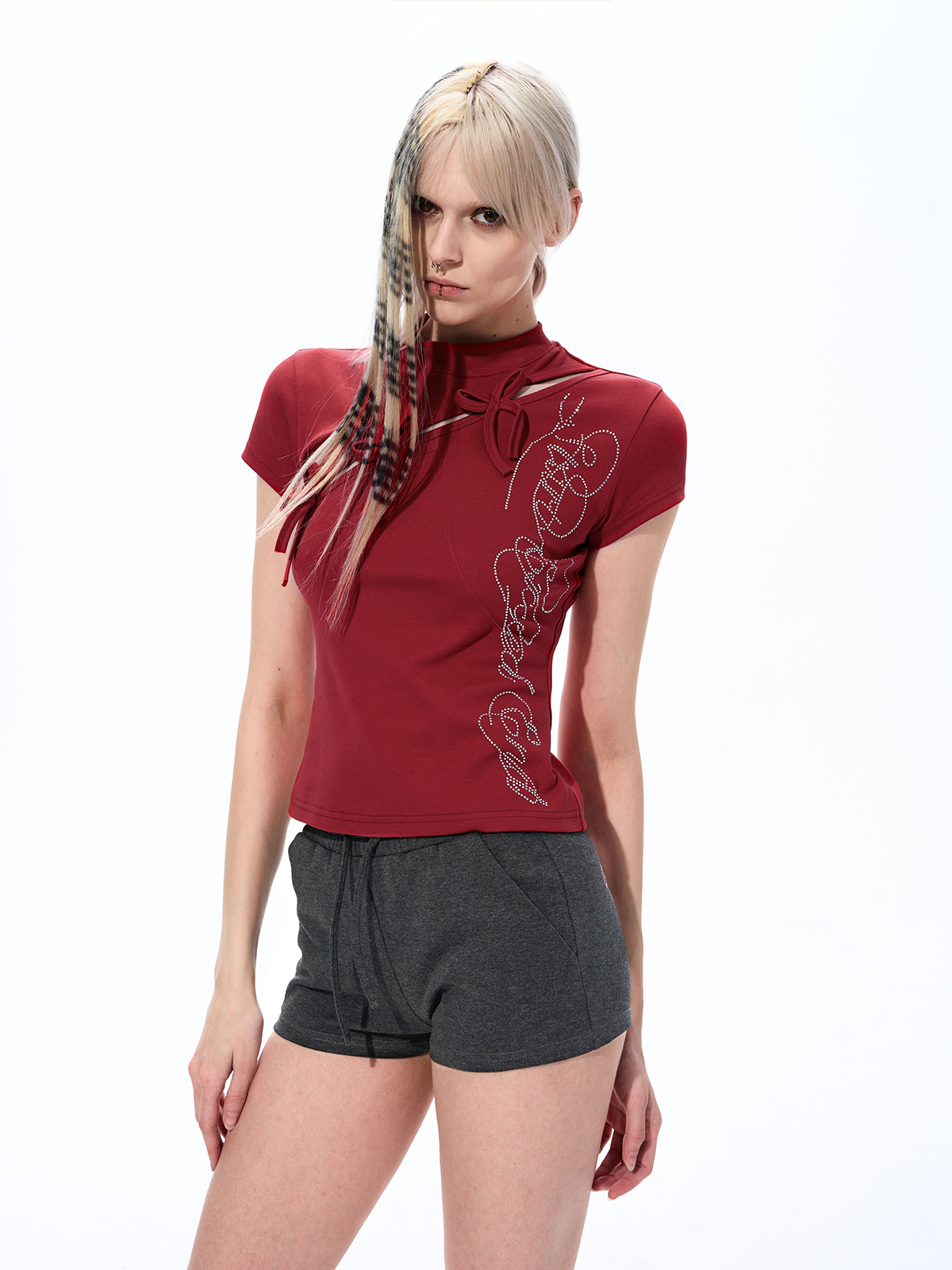 ASYMMETRICAL CUT-OUT BOW RHINESTONE BABY TEE-DEEP RED