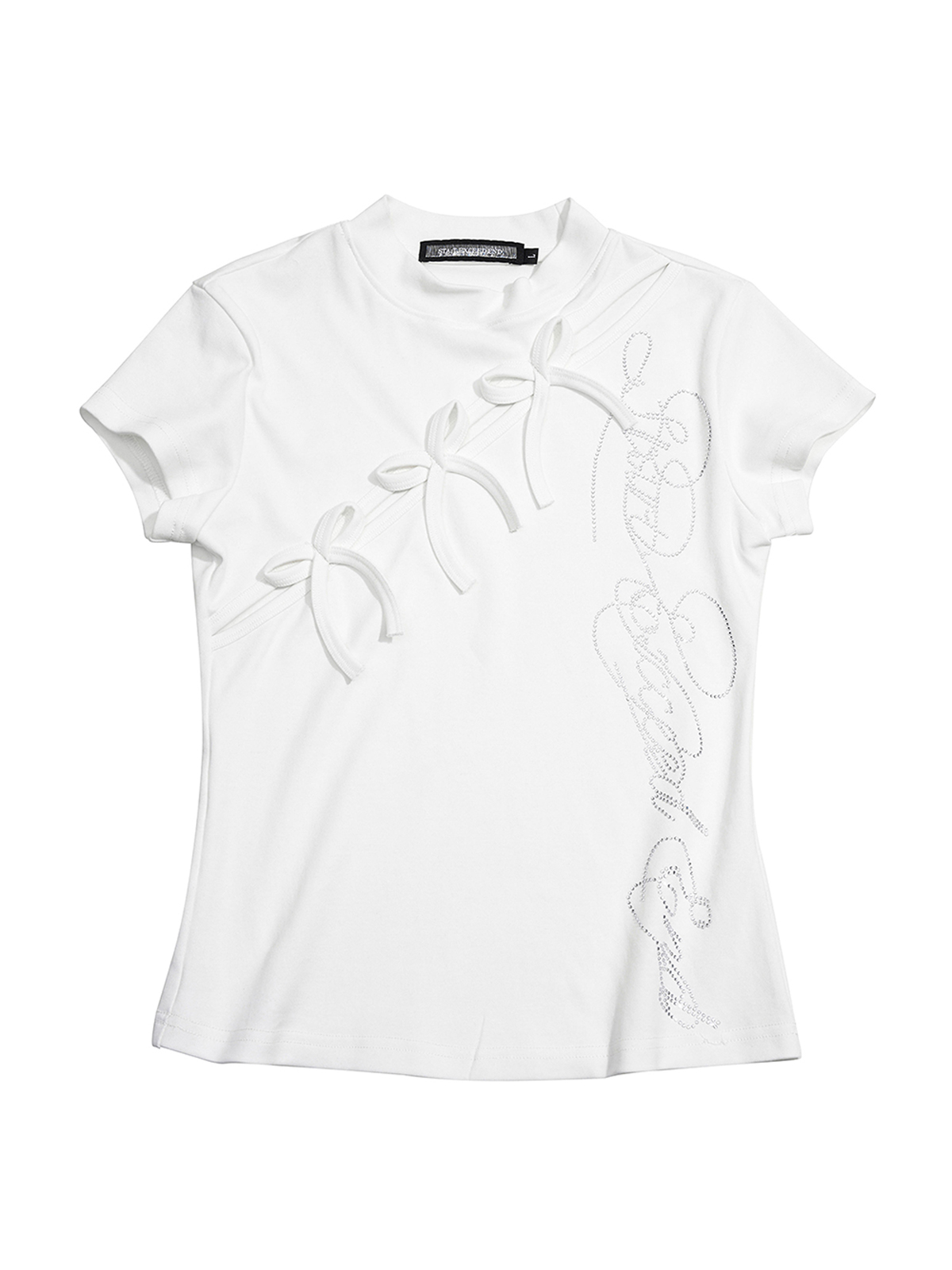 ASYMMETRICAL CUT-OUT BOW RHINESTONE BABY TEE-WHITE