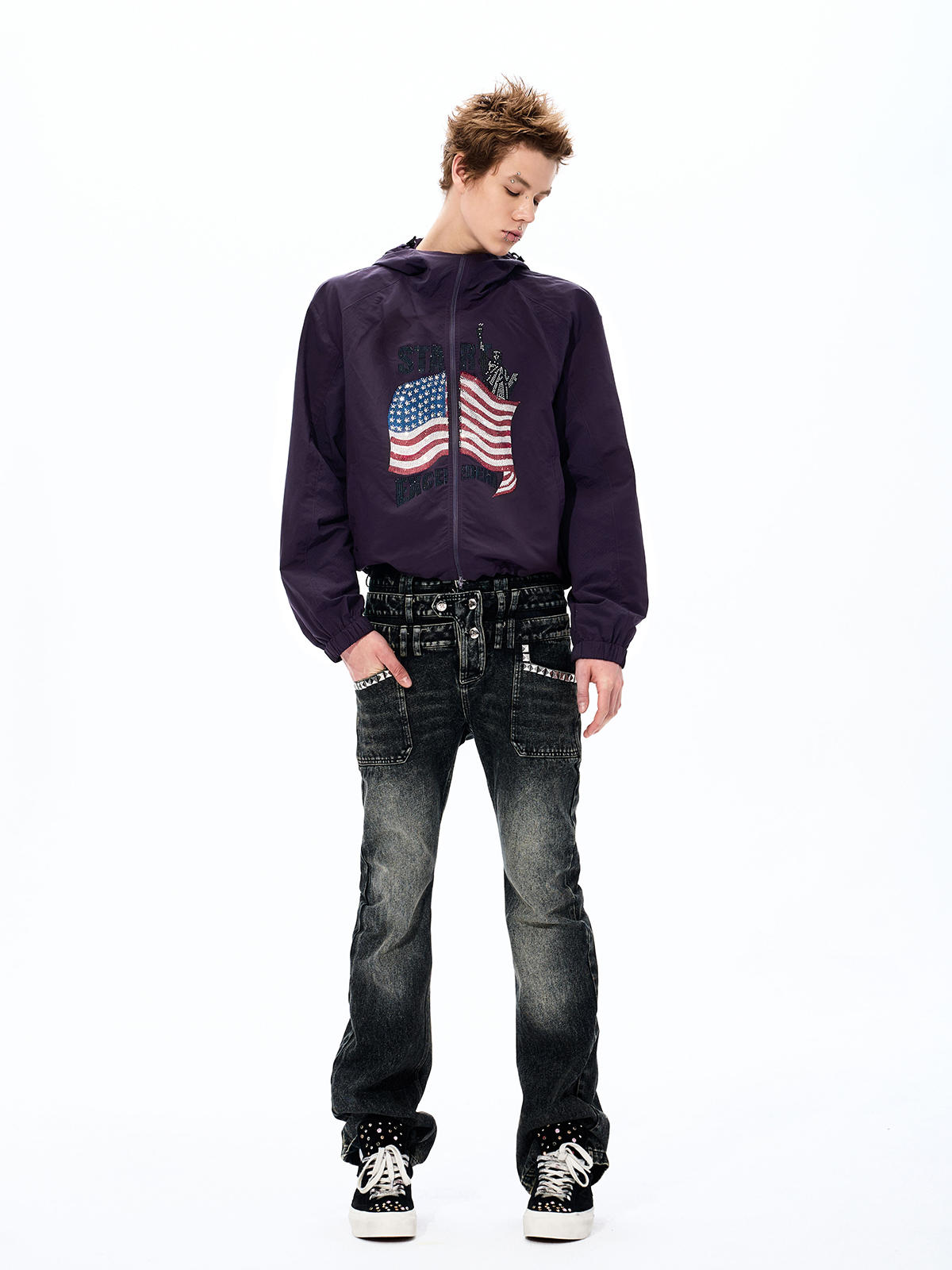 RHINESTONE AMERICANA LIGHTWEIGHT SUN HOODIE-PLUM PURPLE