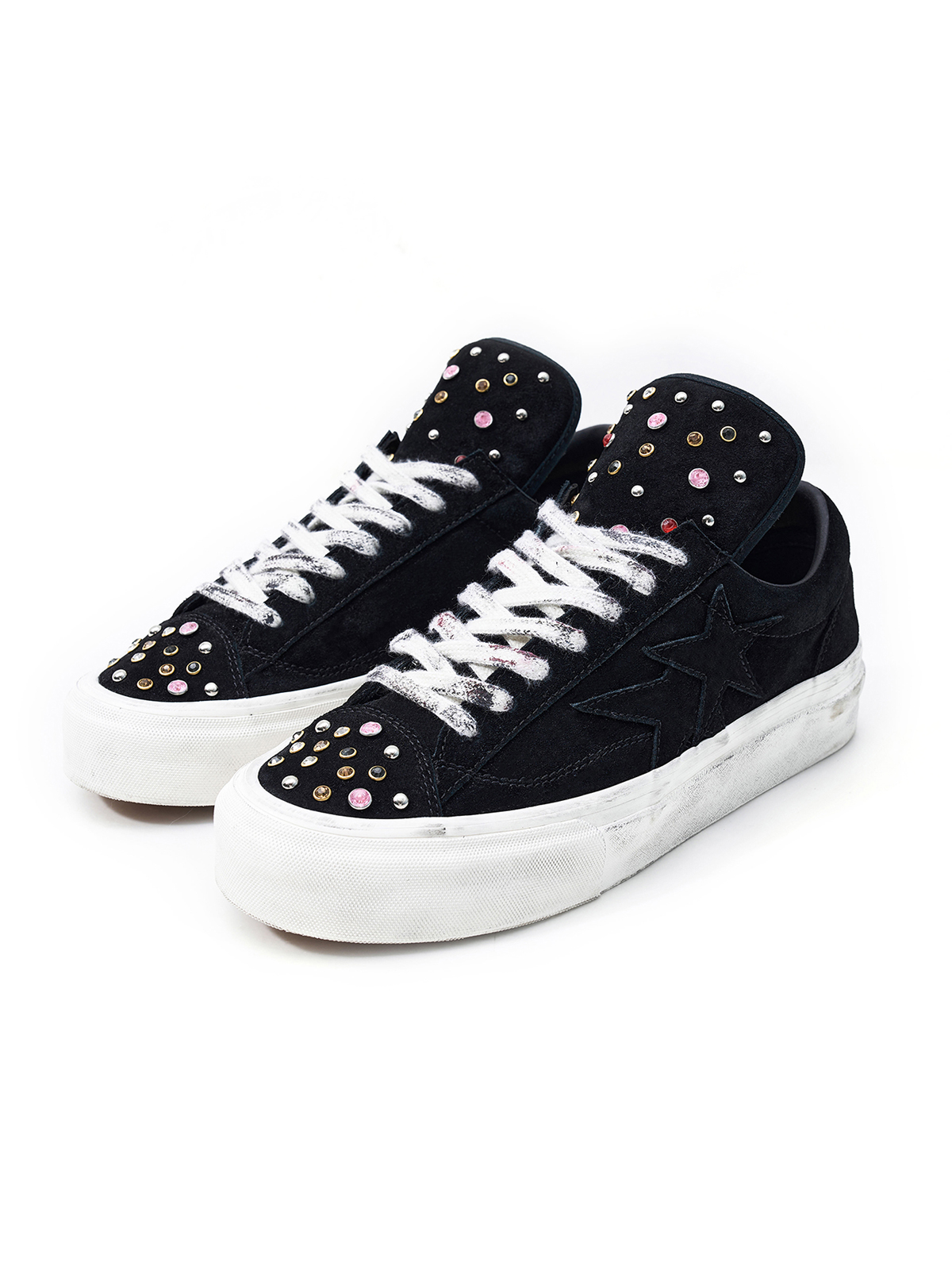 RHINESTONE STUDDED DISTRESSED PLATFORM SNEAKERS-FADED BLACK