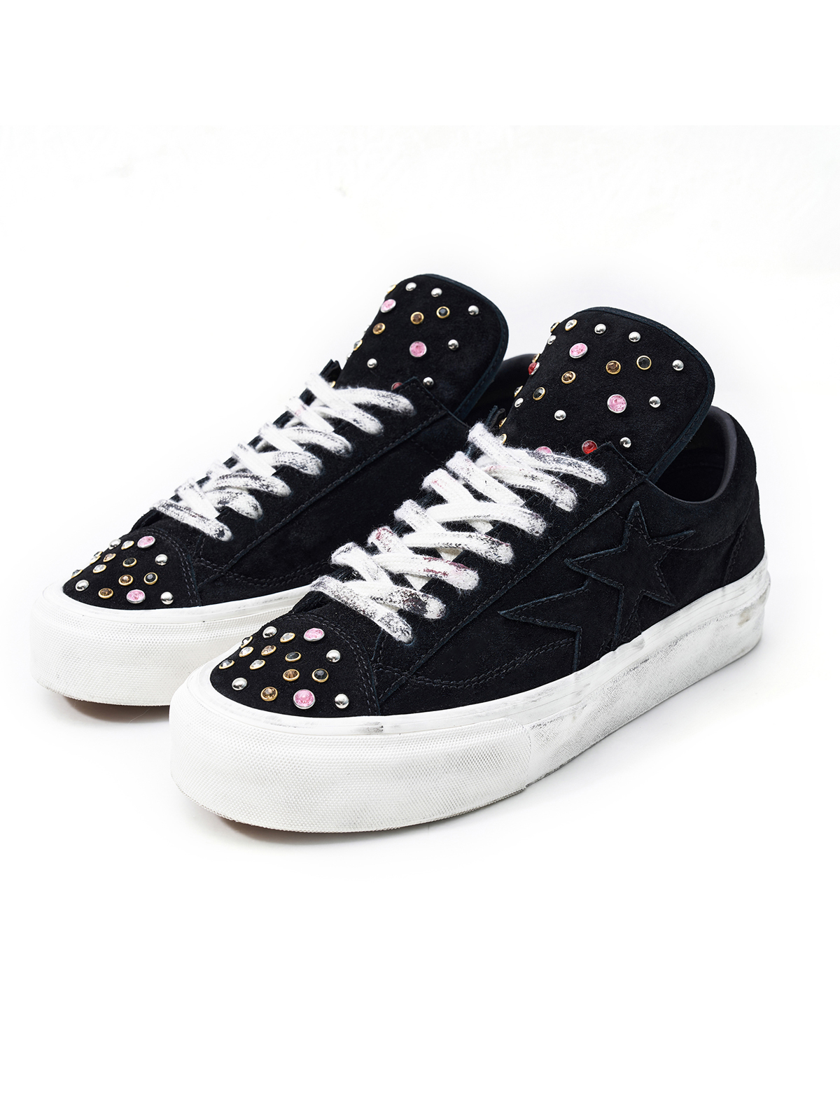 RHINESTONE STUDDED DISTRESSED PLATFORM SNEAKERS-FADED BLACK