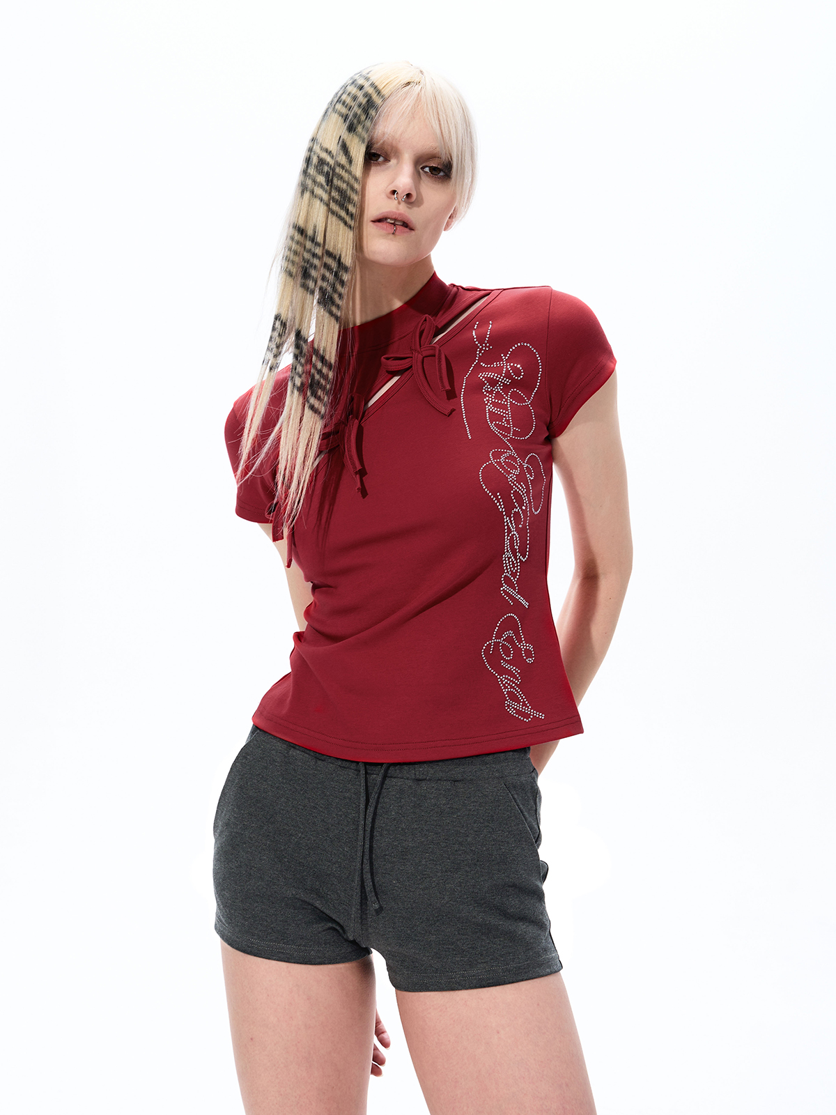 ASYMMETRICAL CUT-OUT BOW RHINESTONE BABY TEE-DEEP RED